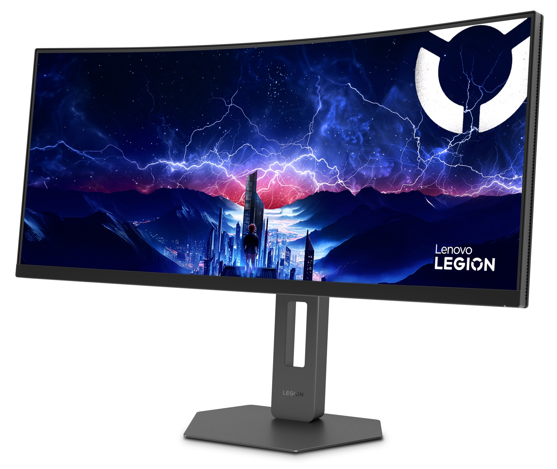 Szeroki, zakrzywiony monitor Lenovo Legion przedstawia futurystyczną panoramę miasta z błyskawicami.