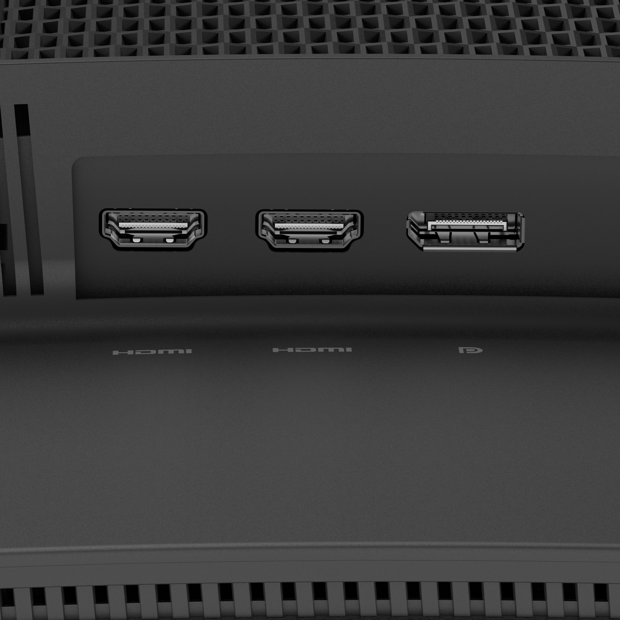 Widok dwóch portów HDMI i jednego DisplayPort z tyłu urządzenia.