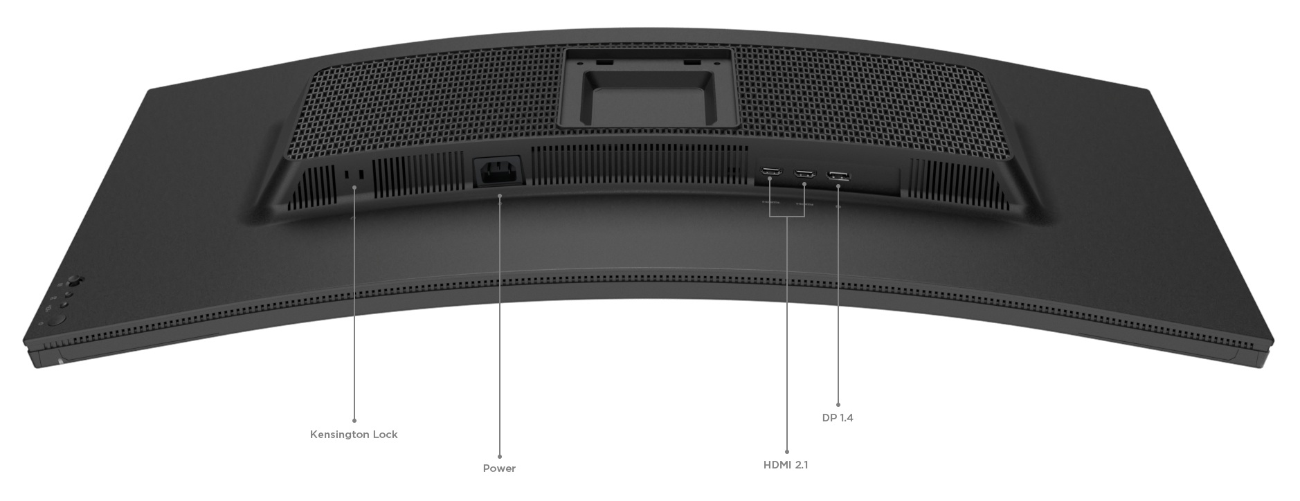 Widok z tyłu zakrzywionego monitora z oznaczonymi portami zasilania, HDMI i DisplayPort.