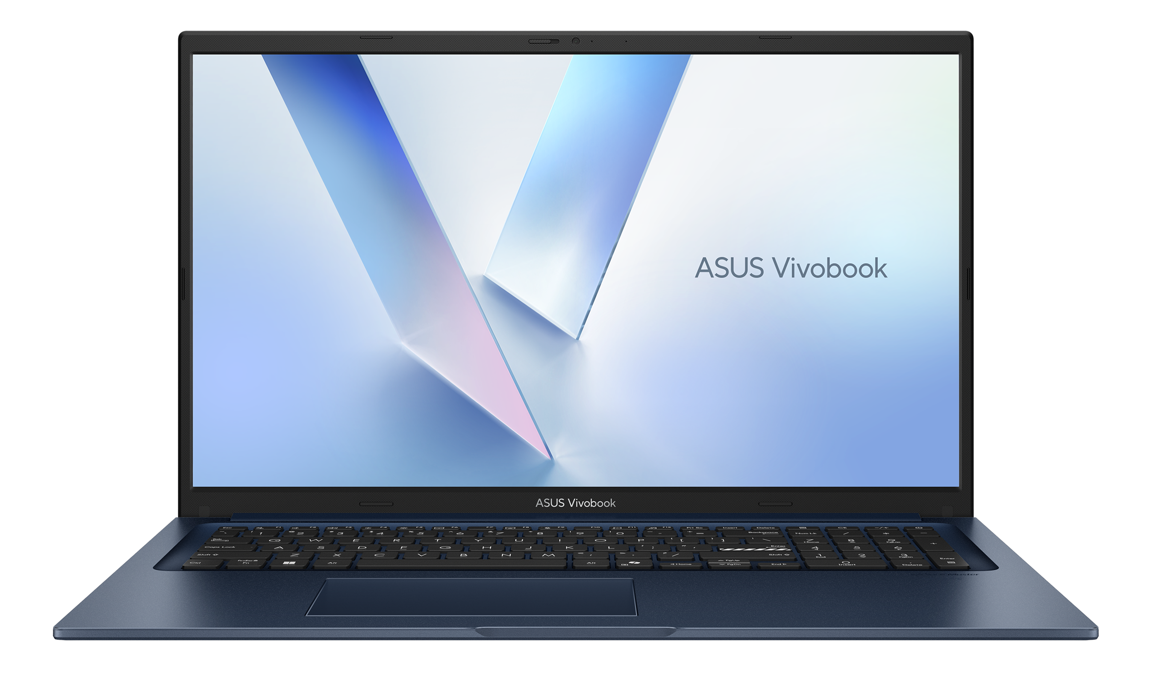 Ein blauer ASUS Vivobook Laptop mit eingeschaltetem Bildschirm und der Aufschrift ASUS Vivobook.