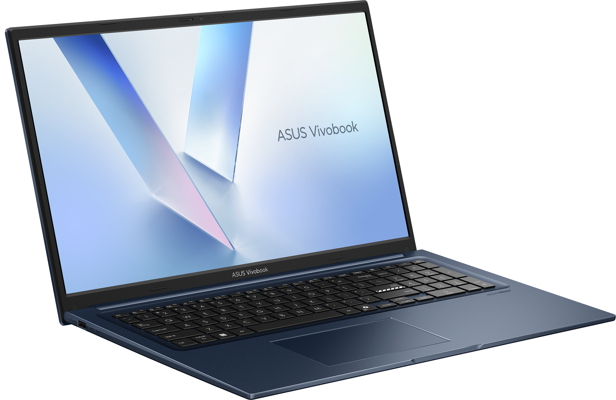 Blauer ASUS Vivobook Laptop mit eingeschaltetem Bildschirm vor schwarzem Hintergrund.