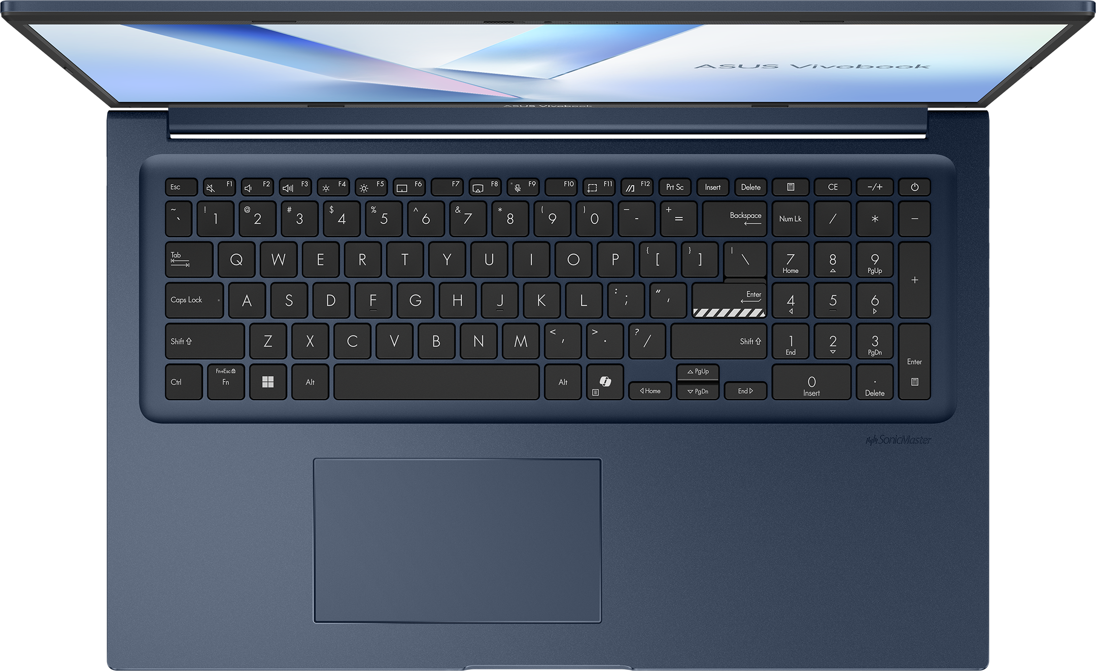 Draufsicht auf einen blauen Asus Vivobook Laptop mit eingeschaltetem Bildschirm und voller Tastatur mit Ziffernblock.