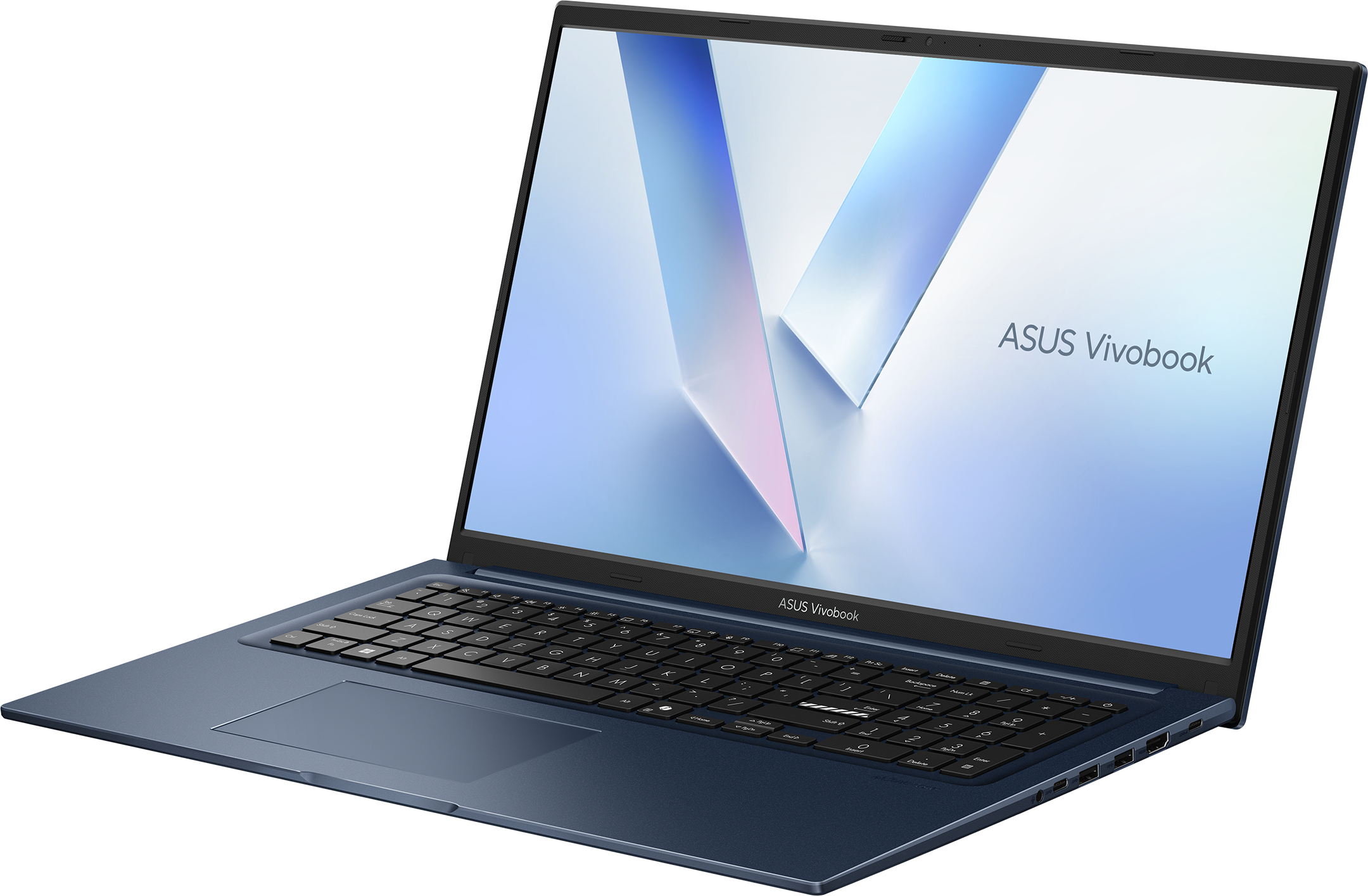 Blauer ASUS Vivobook Laptop mit offenem Display und Tastatur.