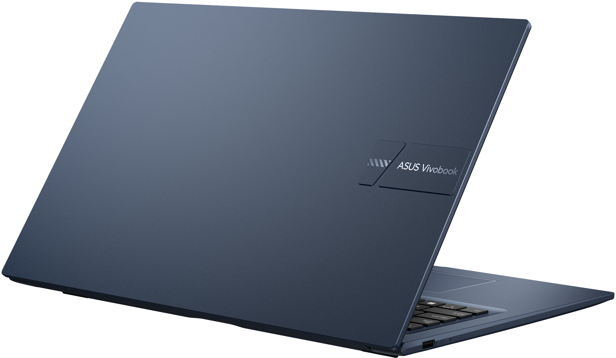 Blauer Asus Vivobook Laptop, der leicht geöffnet auf einer weißen Oberfläche steht.