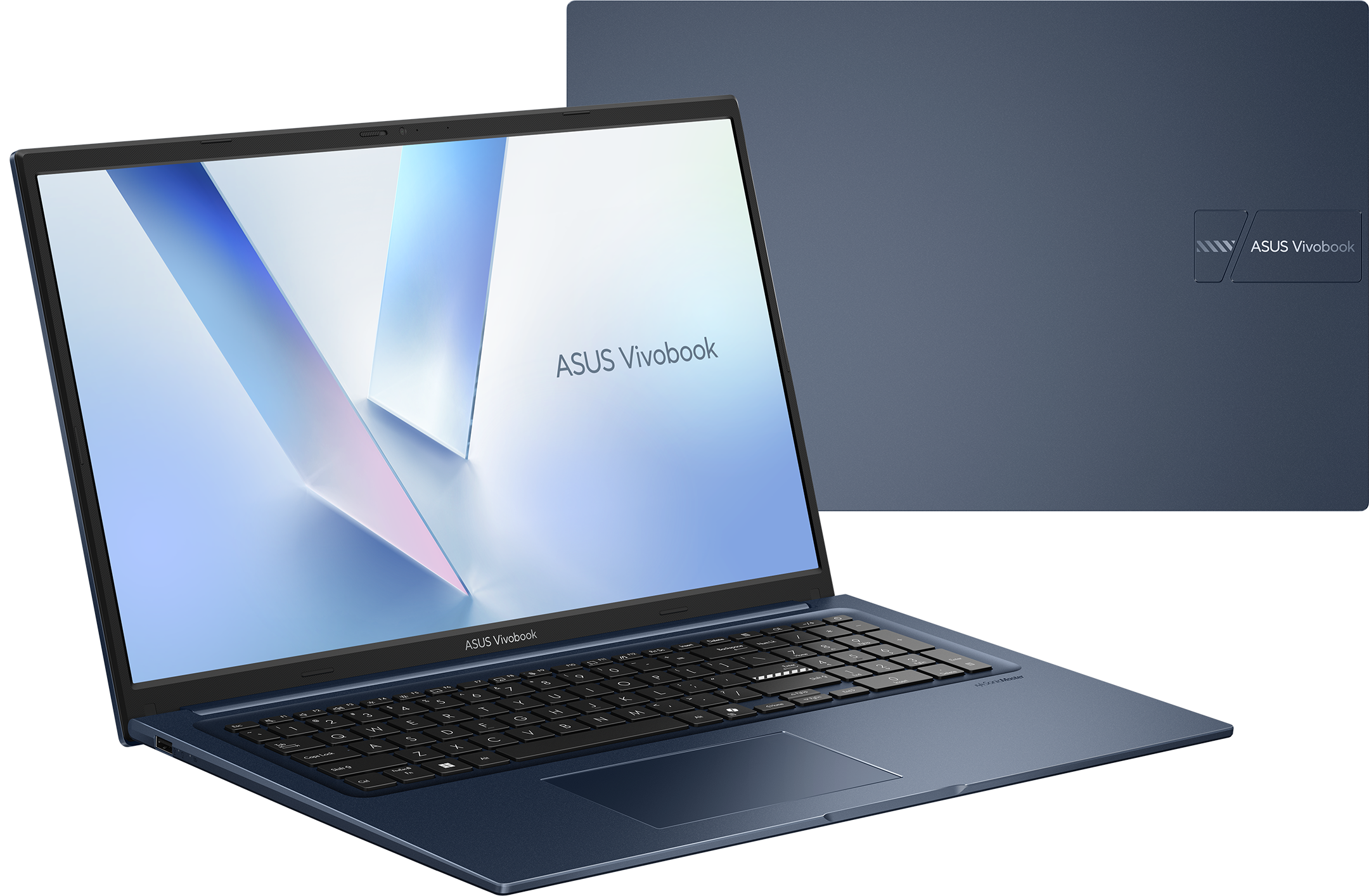 Ein blauer Asus Vivobook Laptop mit offenem Bildschirm und geschlossener Ansicht im Hintergrund.