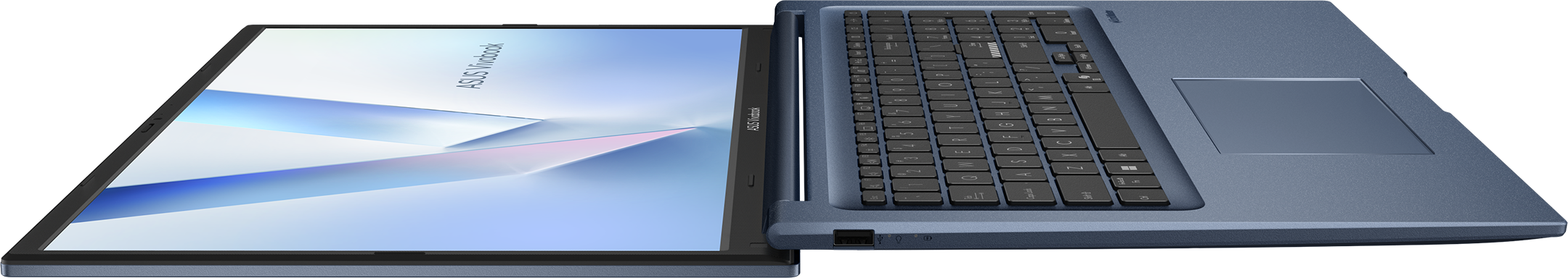 Ein blauer Laptop mit geöffnetem Bildschirm zeigt ein geometrisches Muster auf schwarzem Hintergrund.