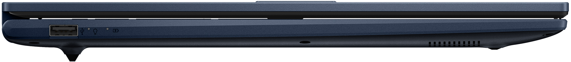 Seitenansicht eines blauen Laptops mit einem USB-Anschluss und Anzeige-LEDs.