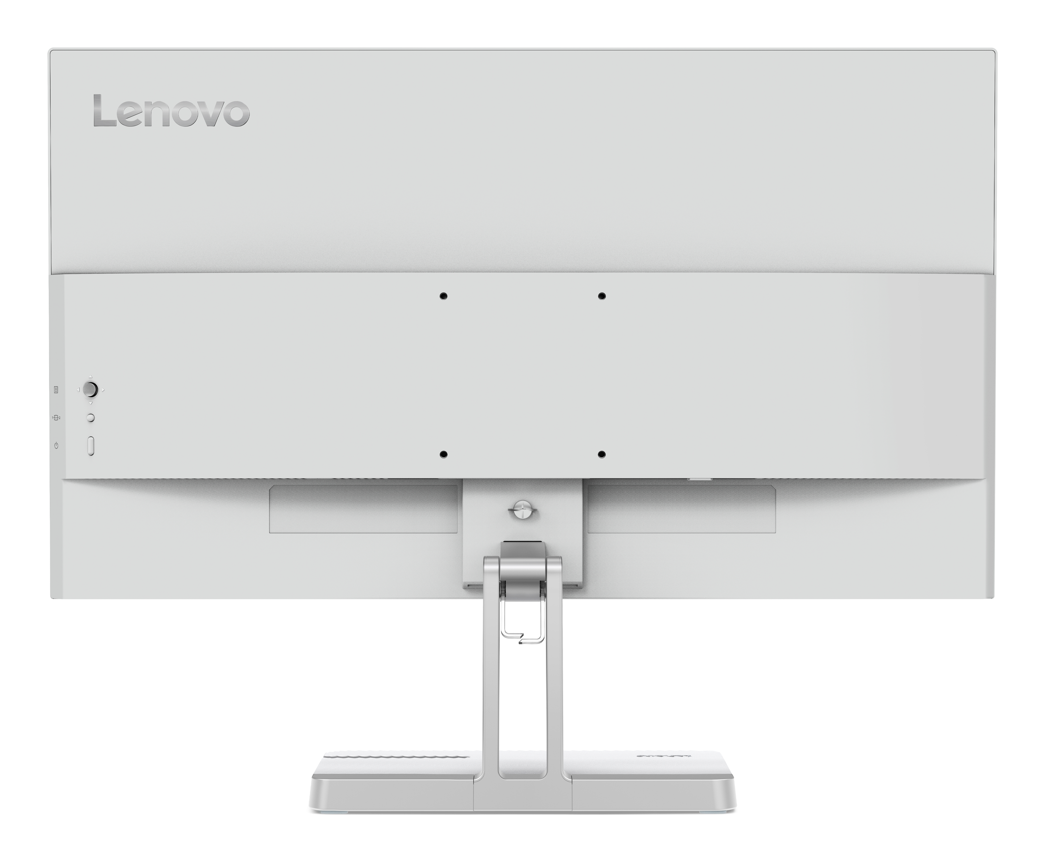 Widok z tyłu szarego monitora Lenovo z podstawką na białym tle.