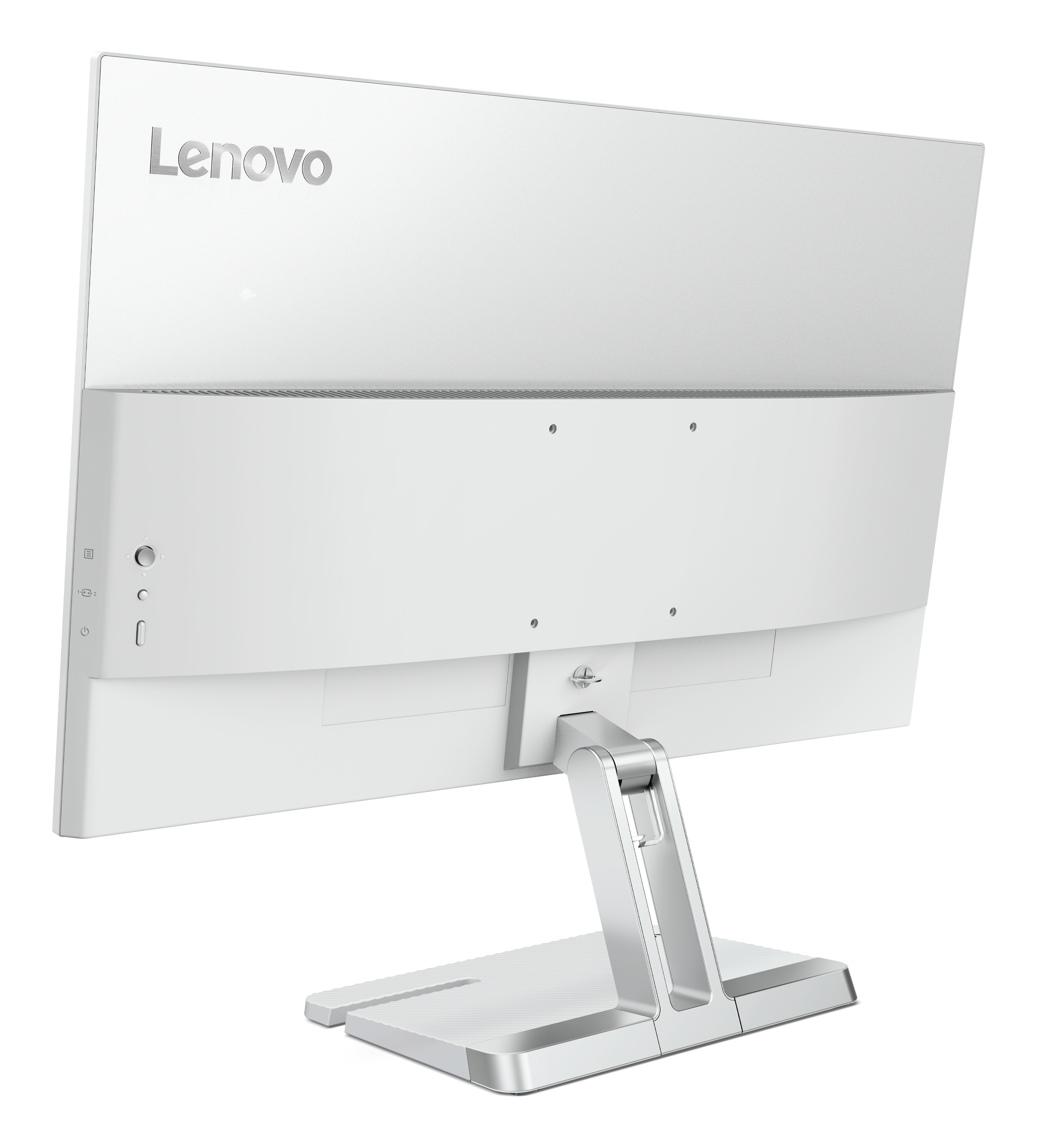 Tył białego monitora Lenovo ze srebrną podstawą oraz widocznymi przyciskami i portami.