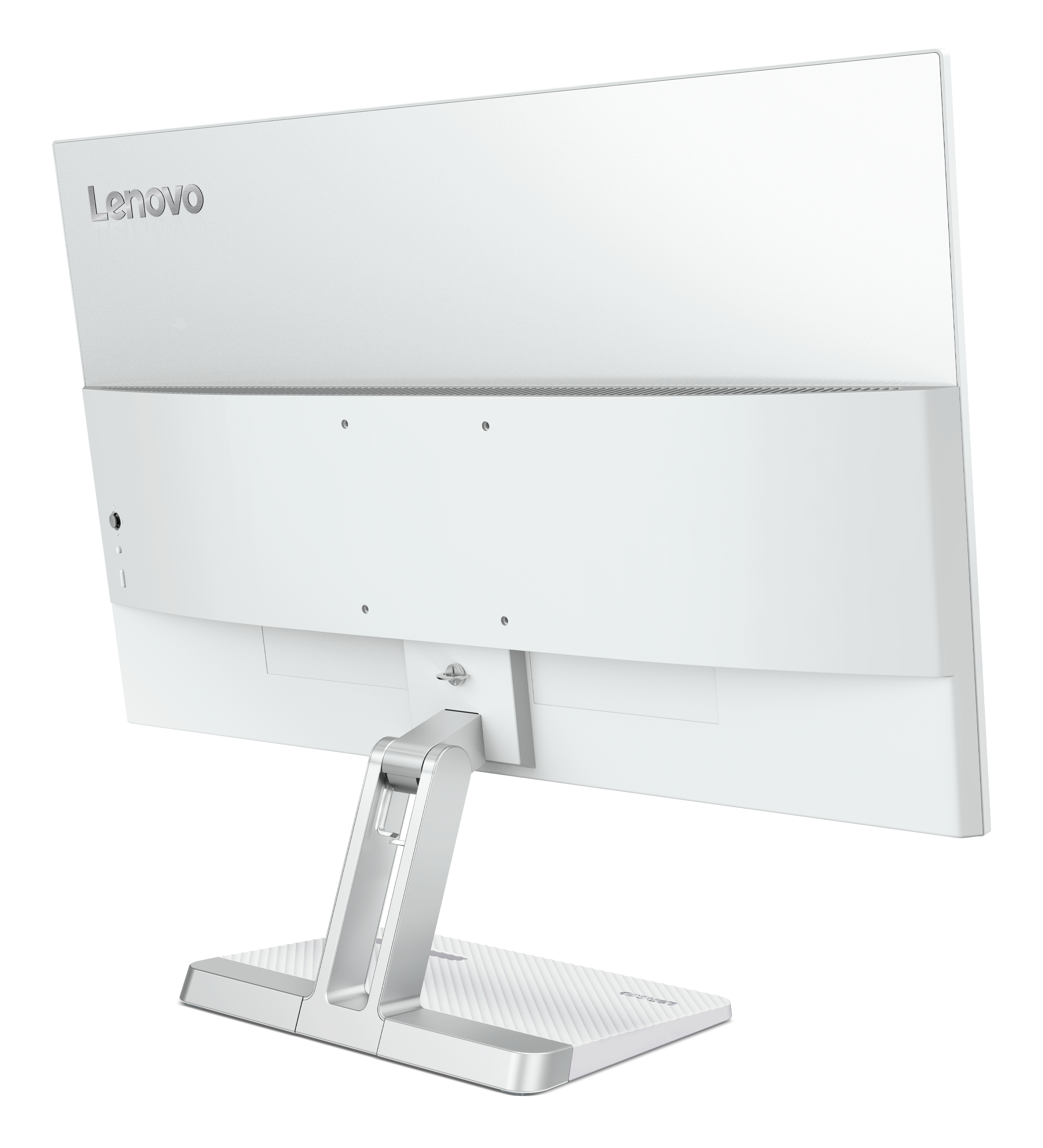 Widok z tyłu białego monitora Lenovo na srebrnej podstawce na białym tle.
