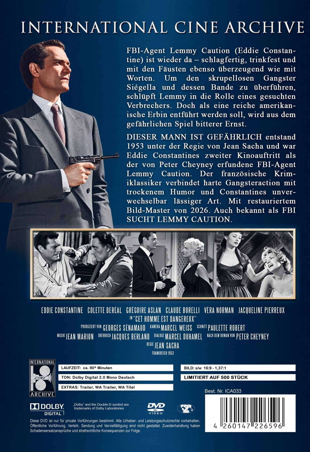 DVD-Rückseite mit Text, Szenenbildern, einem Mann mit Waffe und Barcode auf blauem Hintergrund.