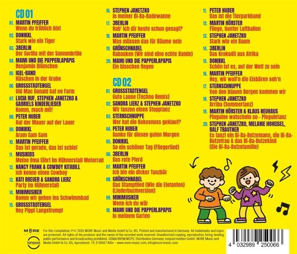 Gelbes CD-Cover mit blauen Liedtexten und zwei tanzenden Kindern unten rechts.