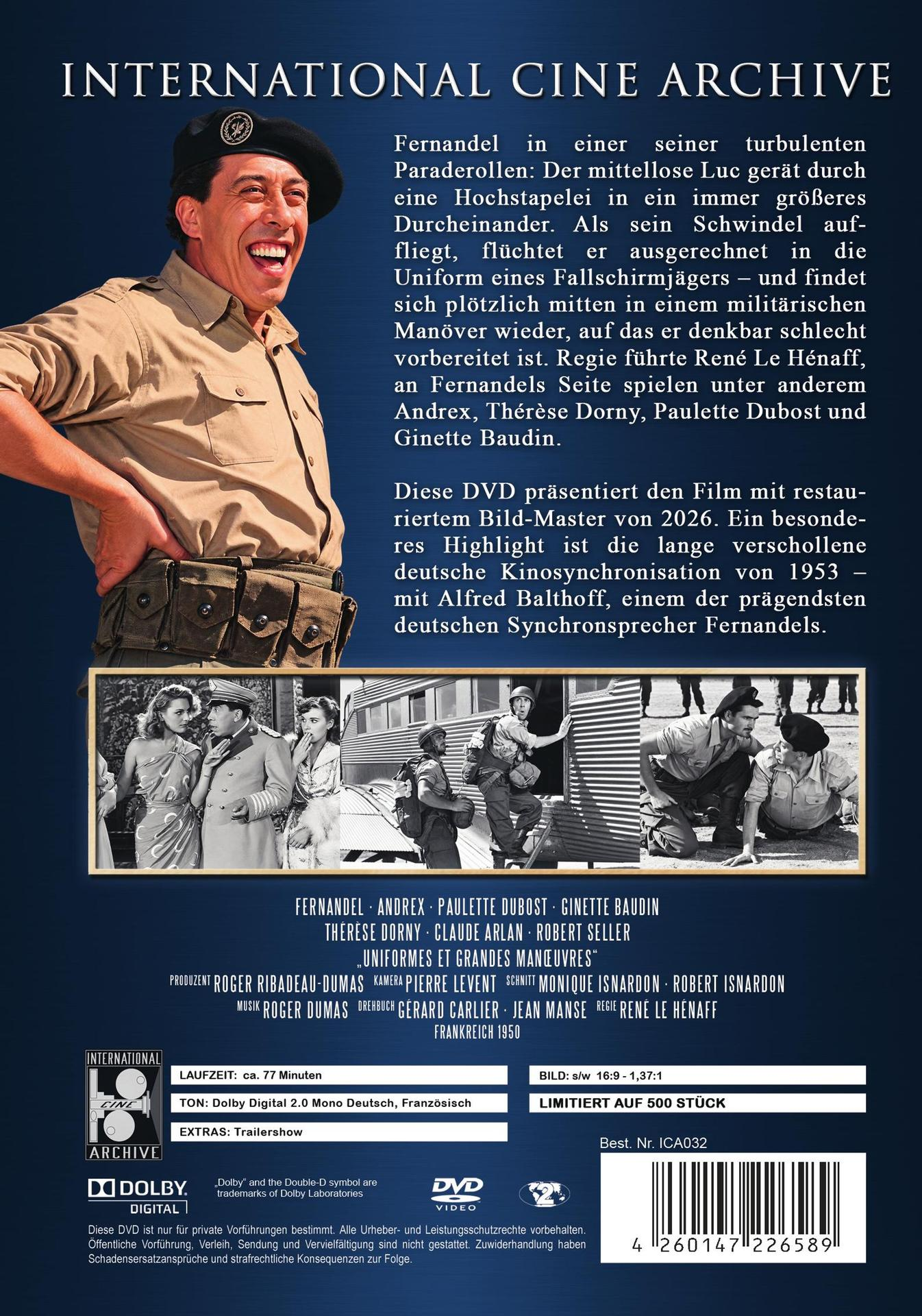 DVD-Cover mit Fernandel in Uniform, Textblocks, Filmszenen unten, Dolby-Digital-Logo und Barcode.