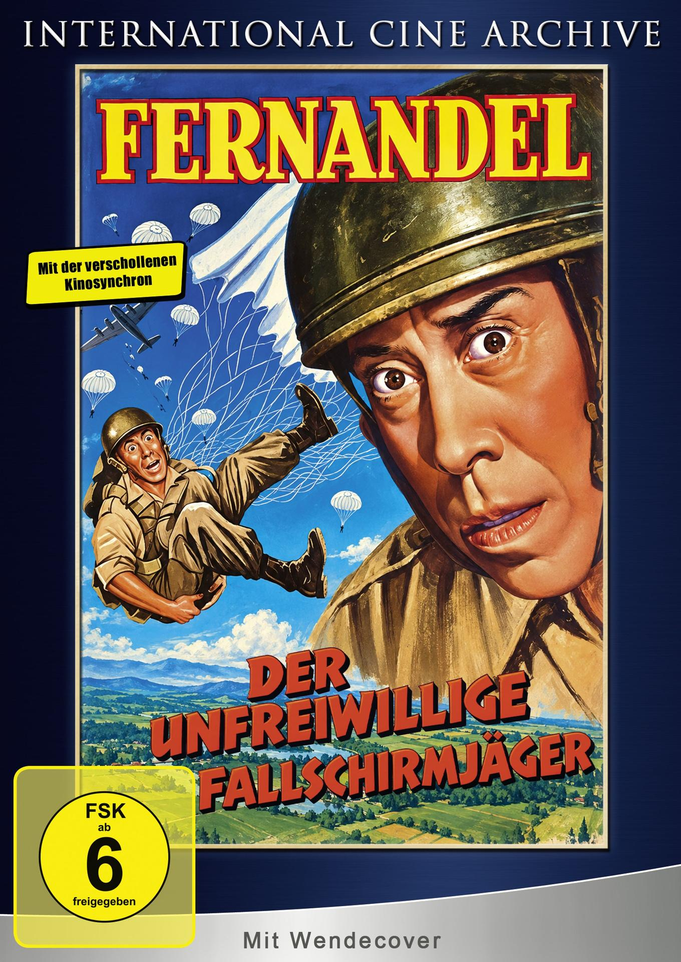 Retro-Filmposter zeigt Fernandel beim Fallschirmspringen mit ängstlichem Gesichtsausdruck, umgeben von anderen.