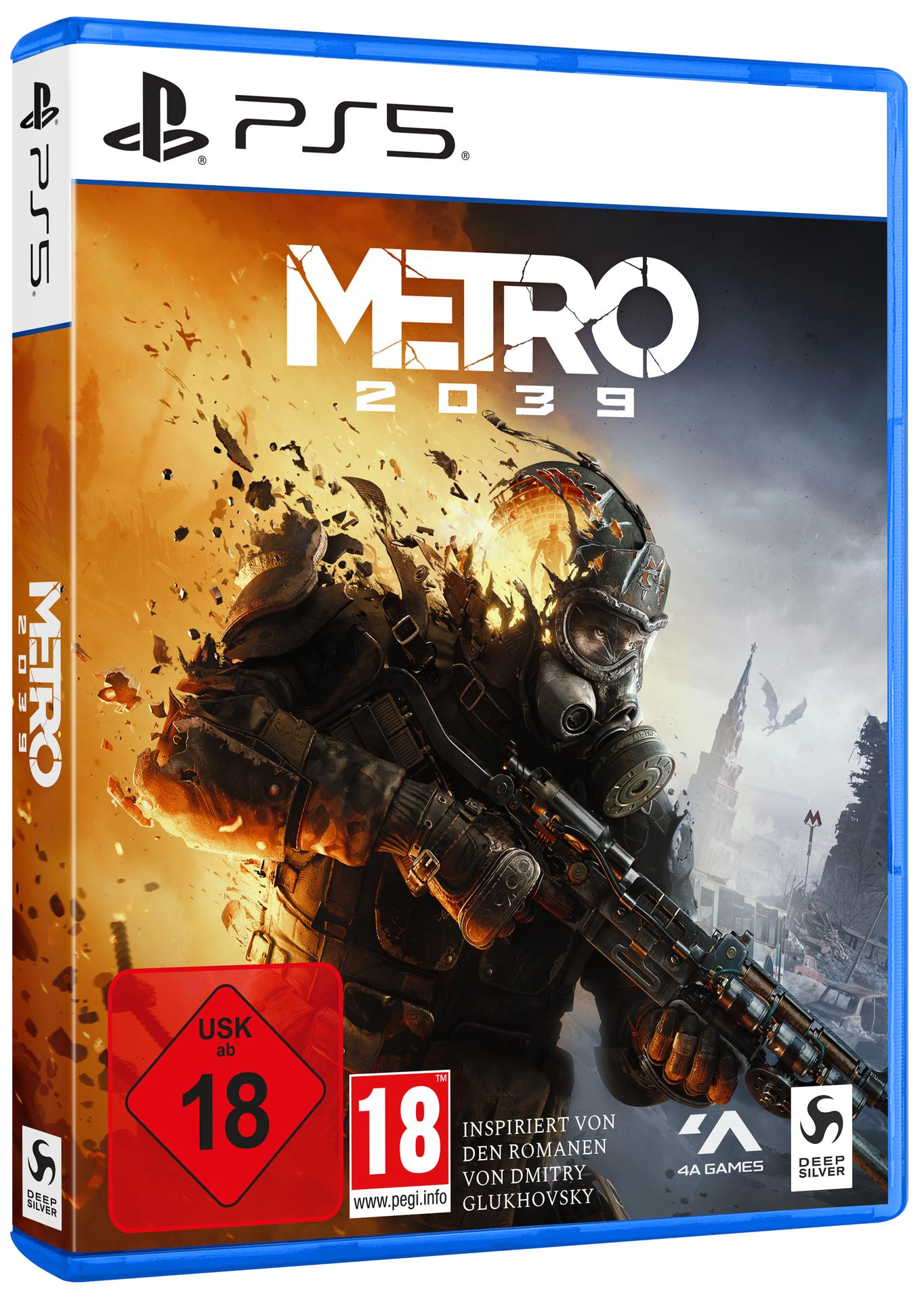 PS5-Spielhülle für Metro 2039 mit einem Soldaten in Schutzkleidung, der eine Waffe hält, vor brennender Kulisse.