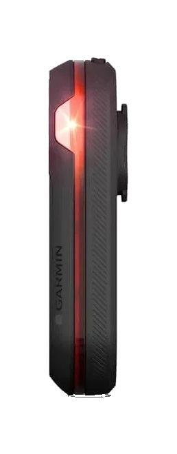 Czarne tylne światło rowerowe Garmin z jasną czerwoną diodą LED i logo na czarnym tle.