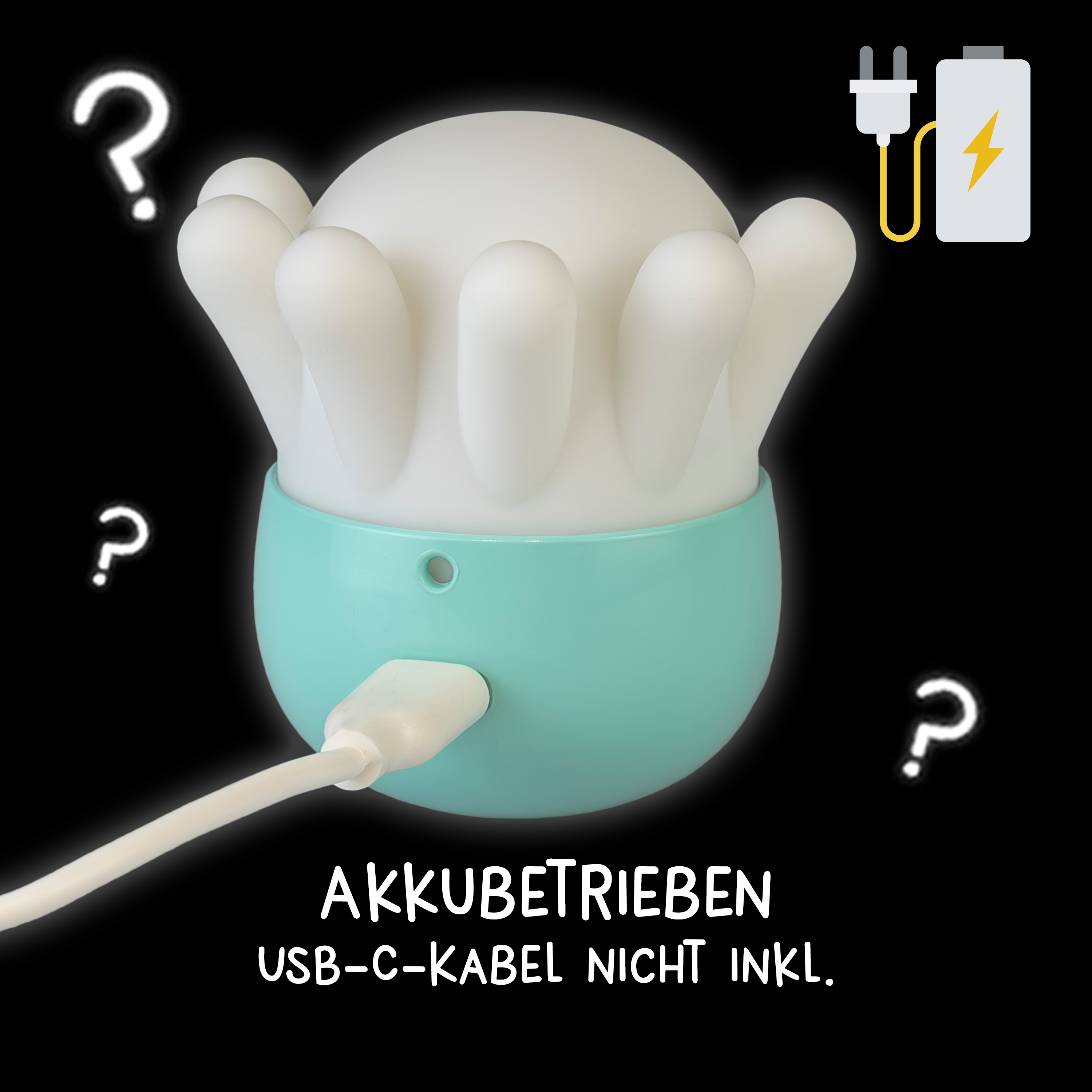 Eine weiße und mintgrüne Lampe mit Tentakeln wird über USB-C geladen, umgeben von Fragezeichen vor schwarzem Hintergrund.
