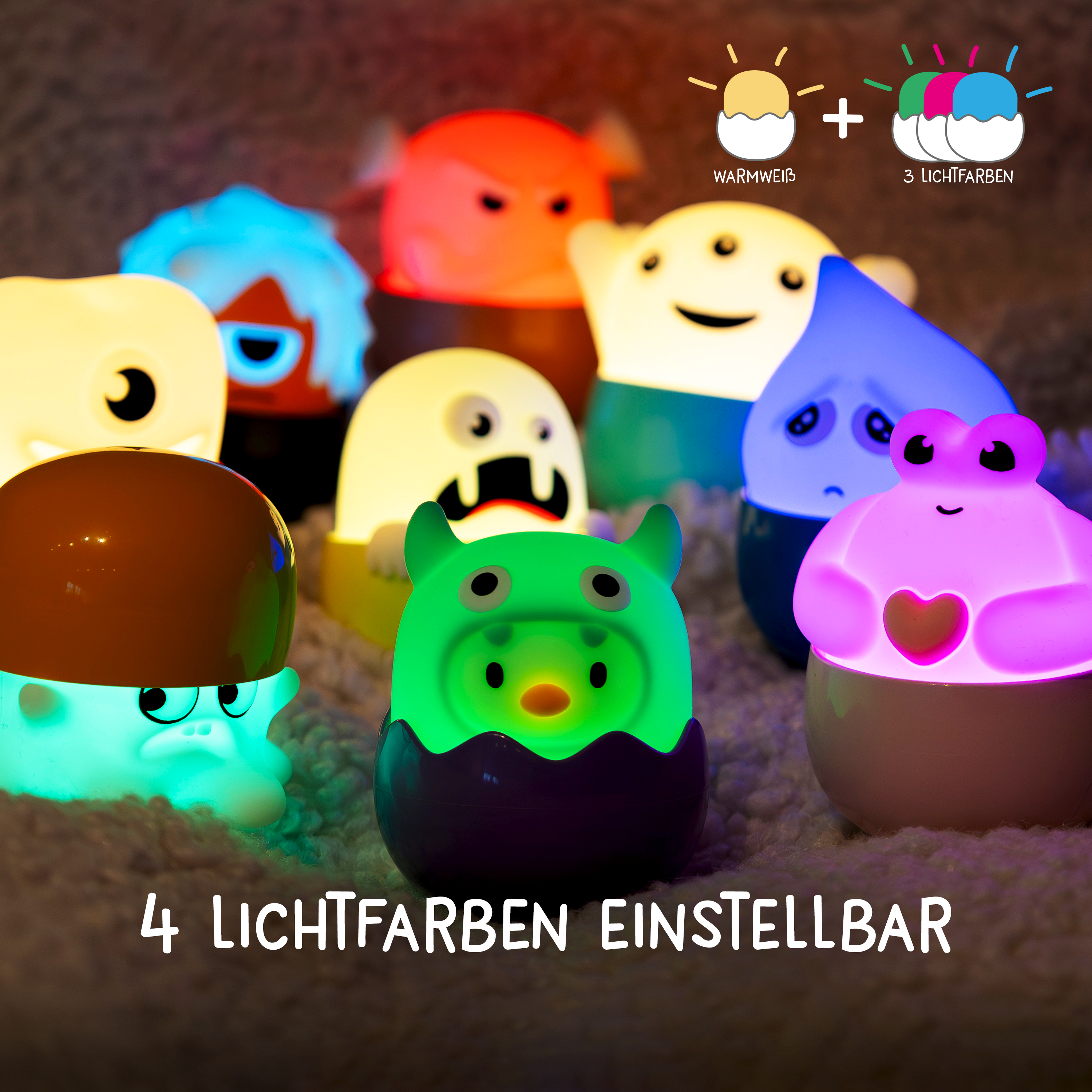 Mehrere bunte, leuchtende Silikon-Nachtlichter in Form süßer Figuren und Tiere auf flauschigem Untergrund.