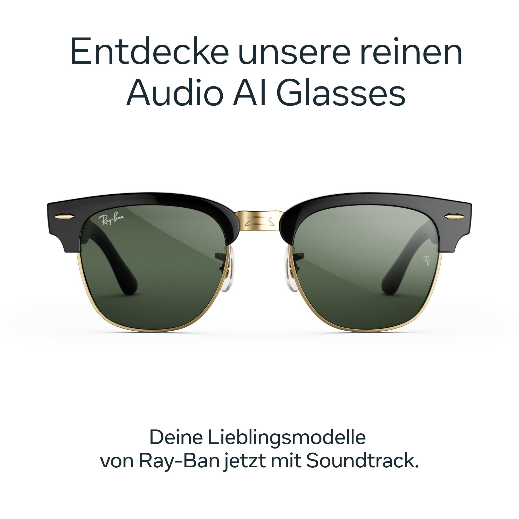 Schwarze und goldene Ray-Ban Sonnenbrille mit Text über Audio-KI-Brillen.