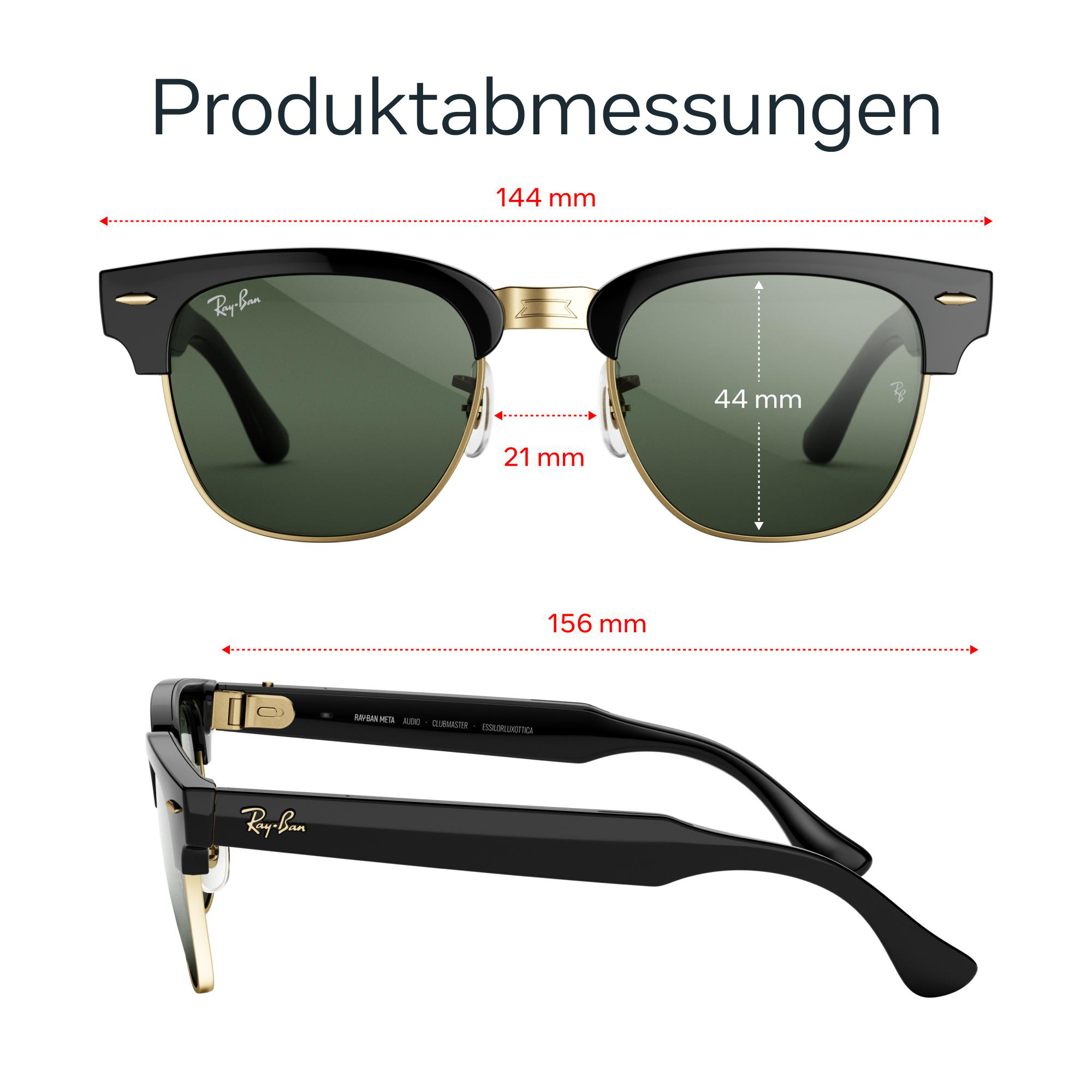 Technische Zeichnung der Ray-Ban Clubmaster Sonnenbrille mit Maßen für Breite, Höhe und Steg.