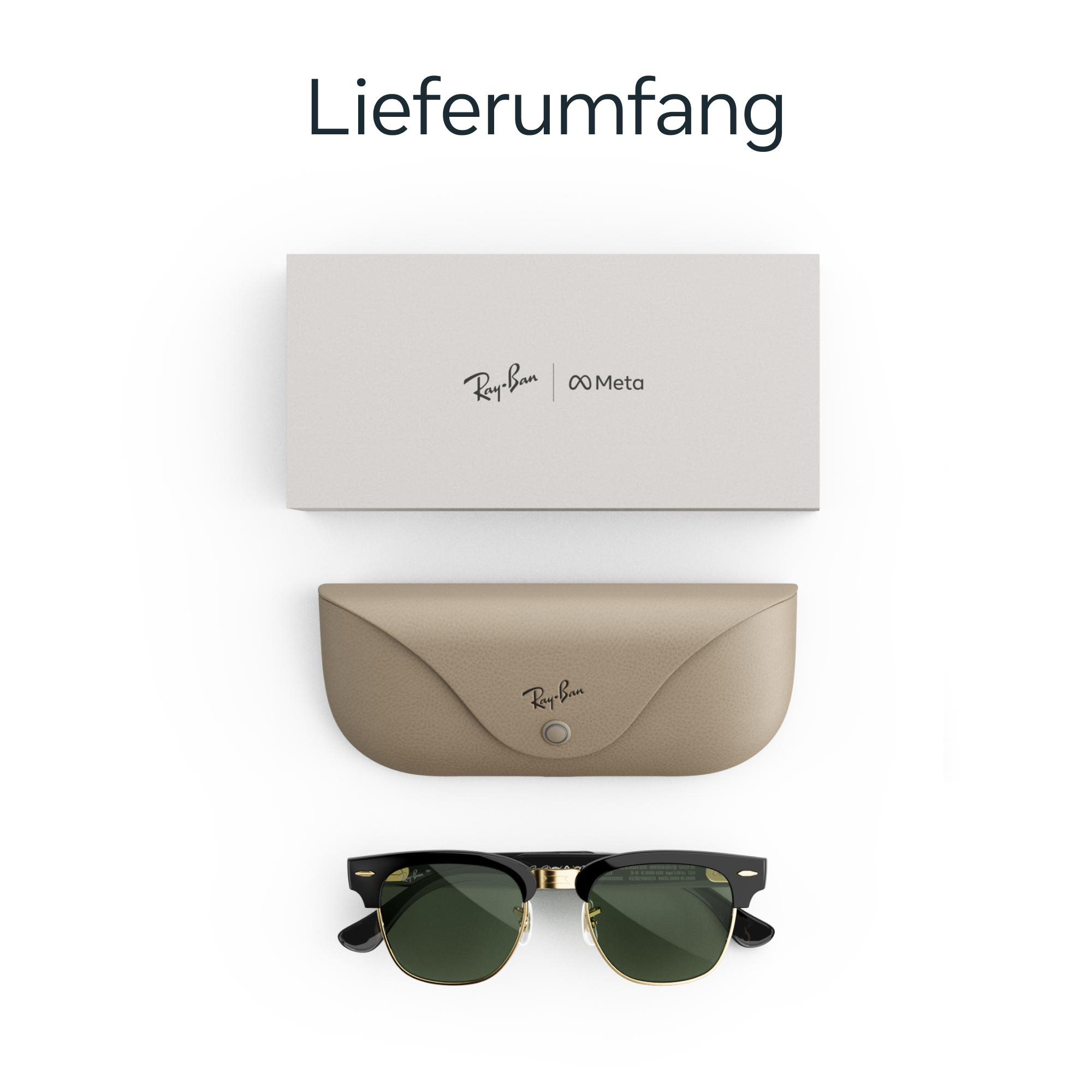 Lieferumfang mit Ray-Ban Meta Karton, beigem Etui und Sonnenbrille.