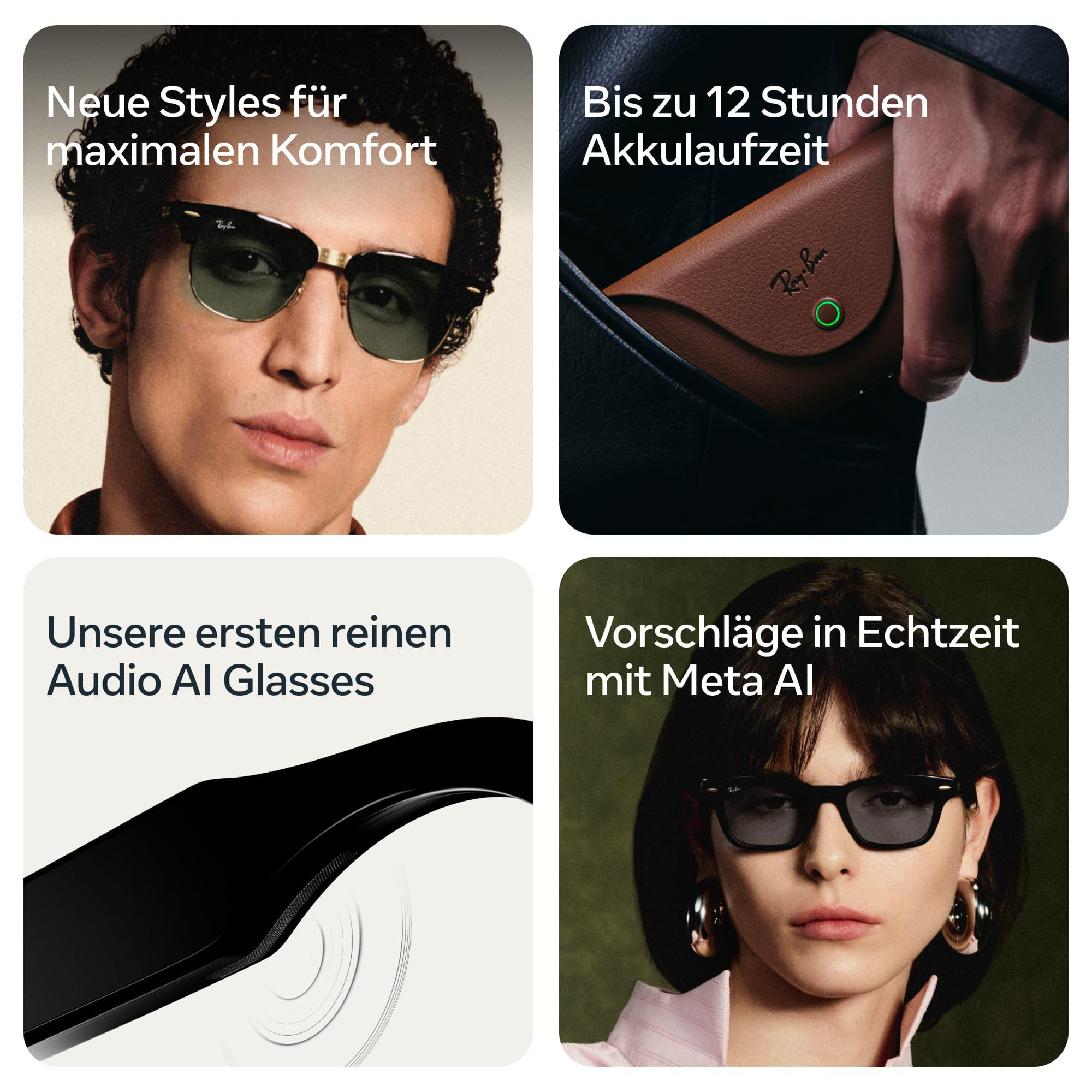 Vier Bilder zeigen Ray-Ban Meta AI Brillen, ein Etui mit Akku, Audio-Funktionen und Gestaltungsstile.