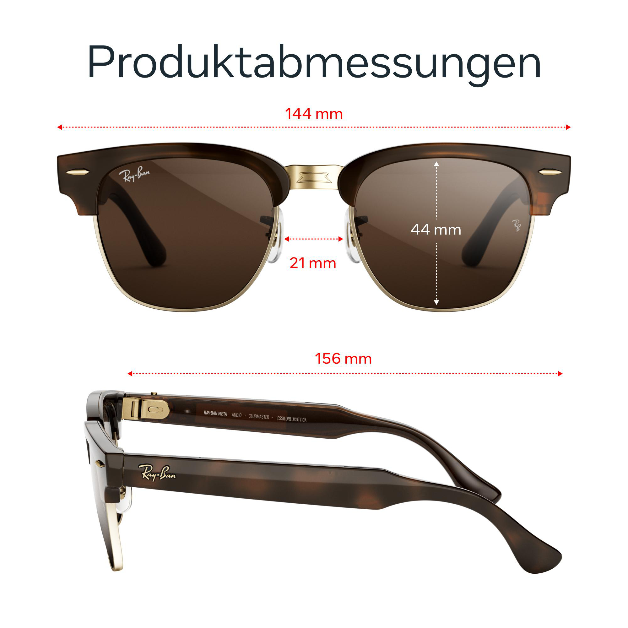 Technische Zeichnung mit Maßangaben für Ray-Ban Sonnenbrillen in Front- und Seitenansicht.