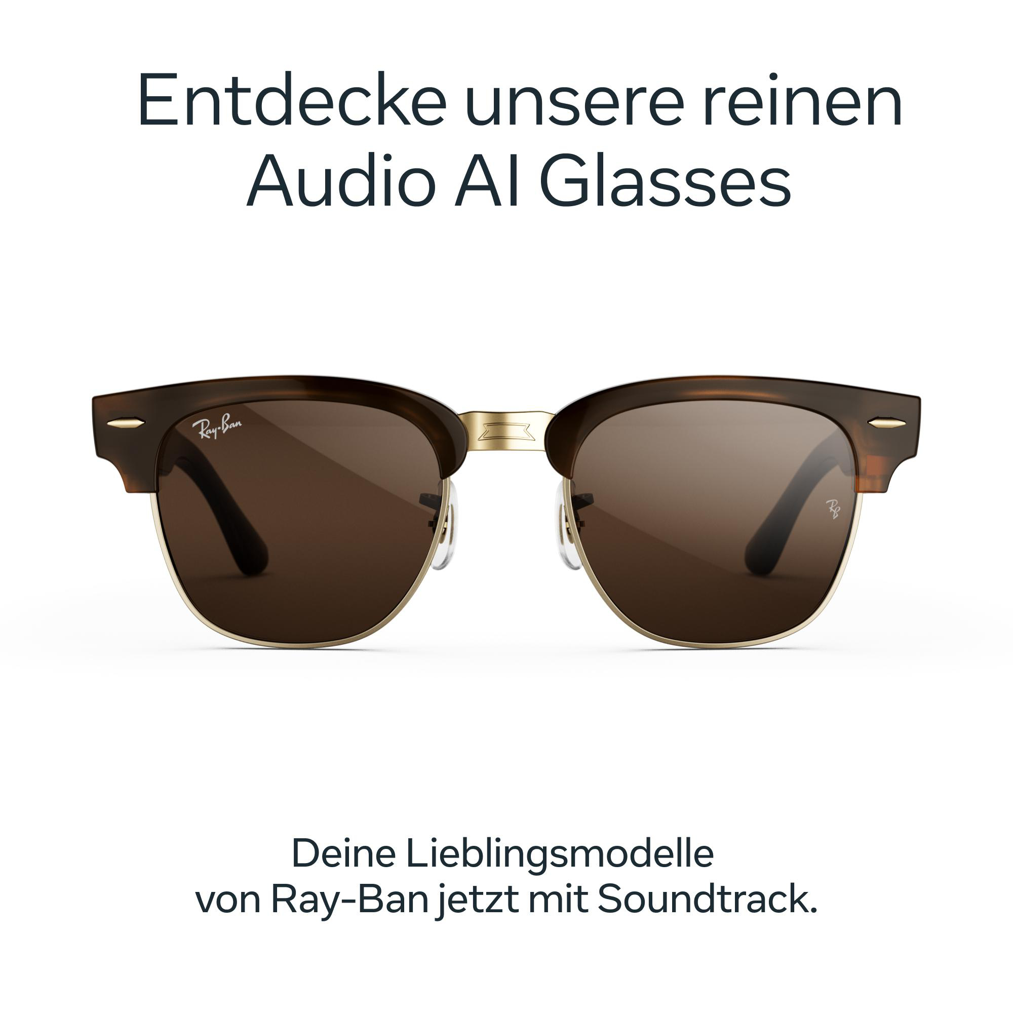 Braune Ray-Ban Sonnenbrille mit goldenem Gestell und Text auf weißem Hintergrund.