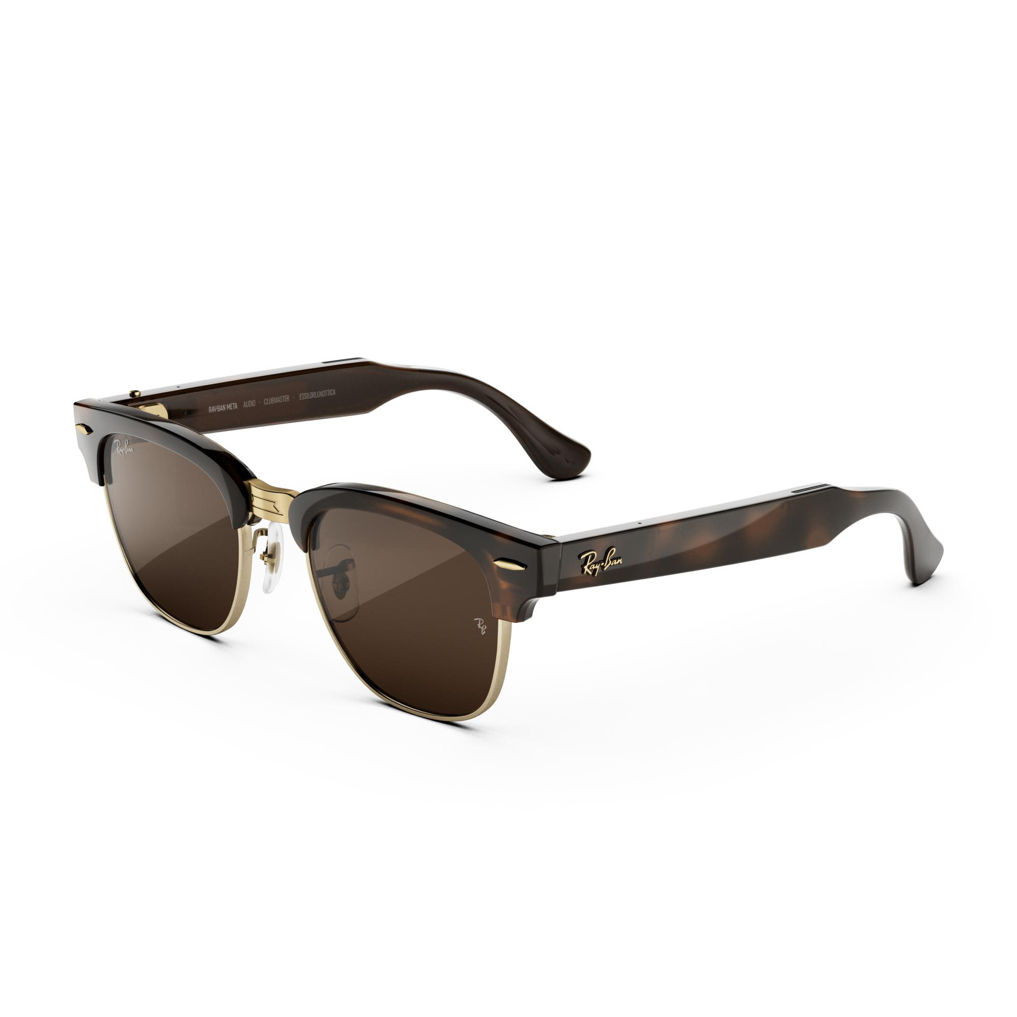 Braune Ray-Ban Clubmaster Sonnenbrille mit goldenem Rahmen auf weißem Hintergrund.