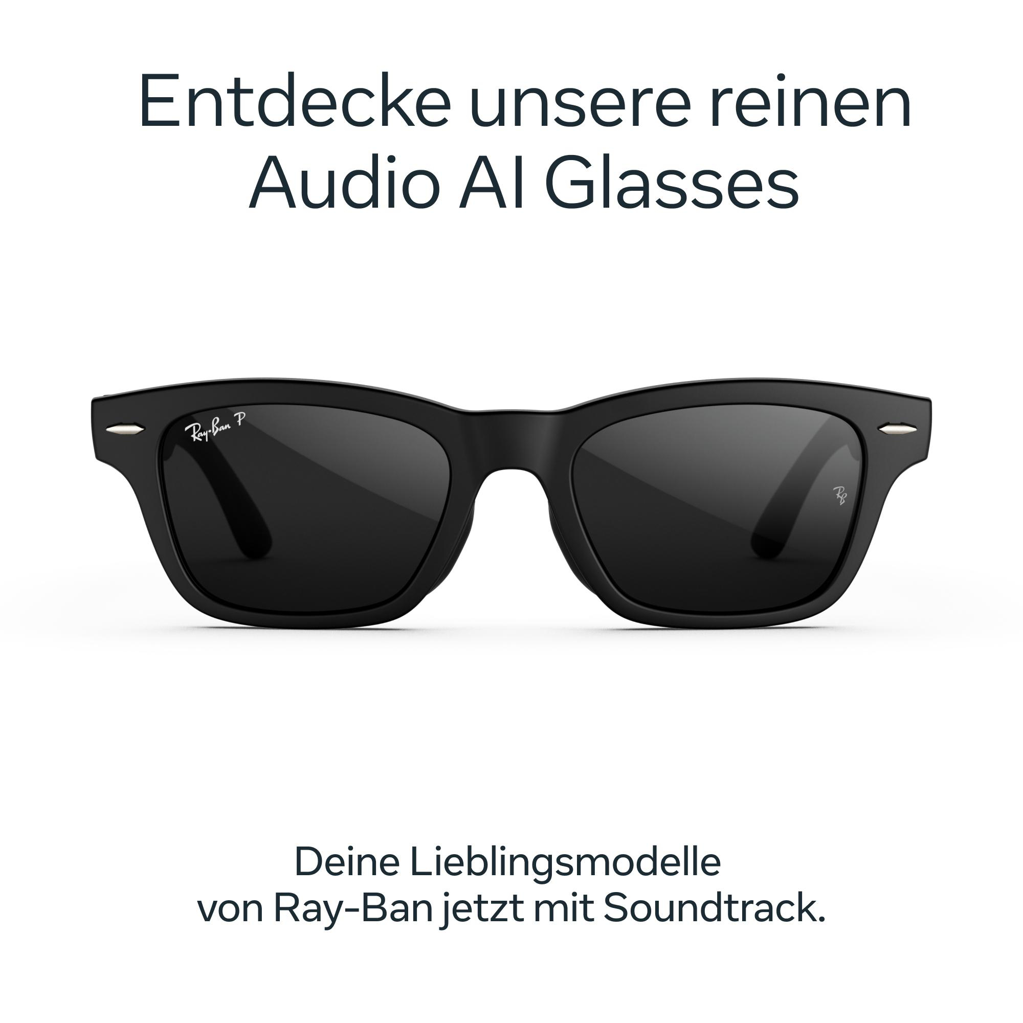 Schwarze Ray-Ban Sonnenbrille vor weißem Hintergrund mit Werbetext.