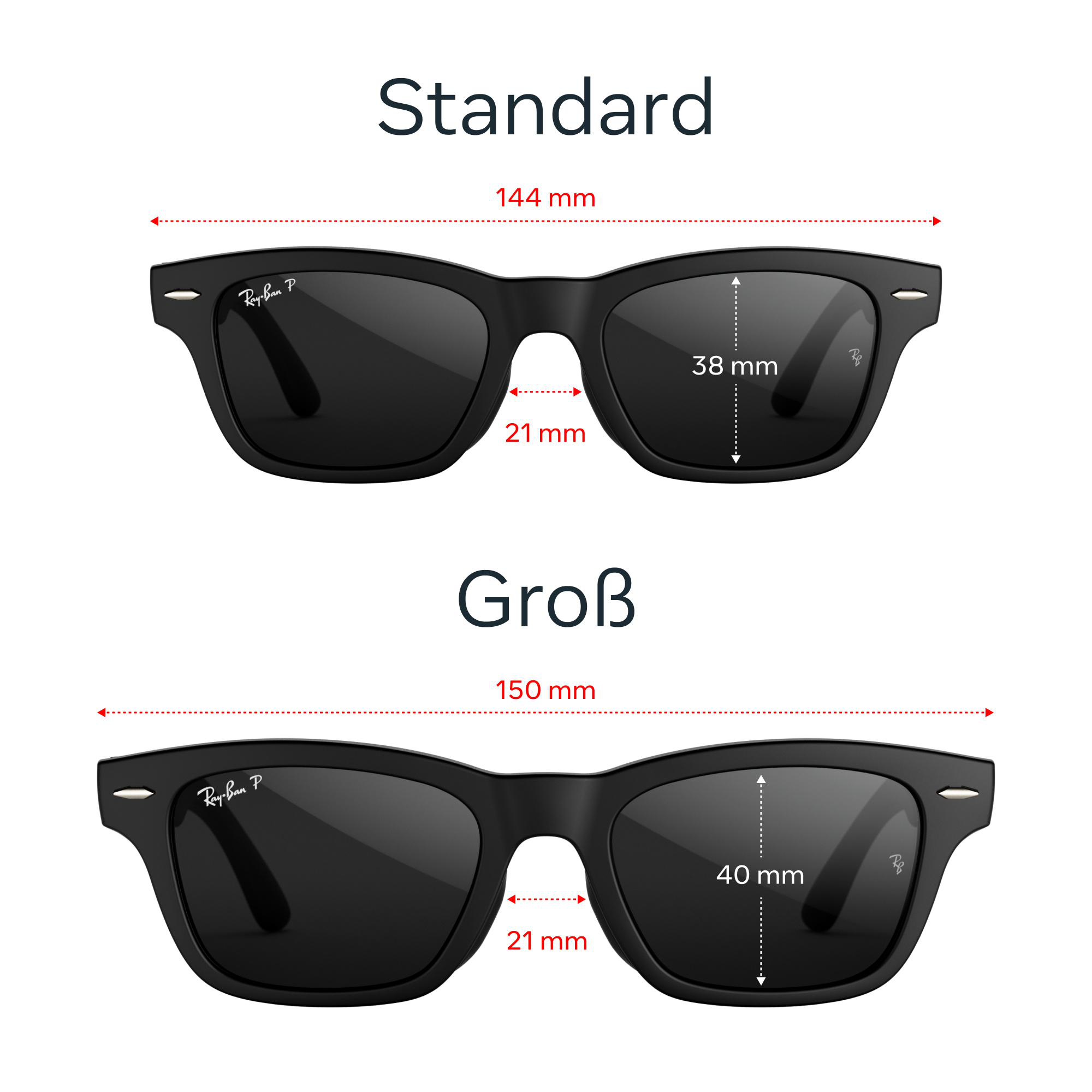 Vergleich zweier Ray-Ban Sonnenbrillen mit Maßangaben für Standard und Groß.