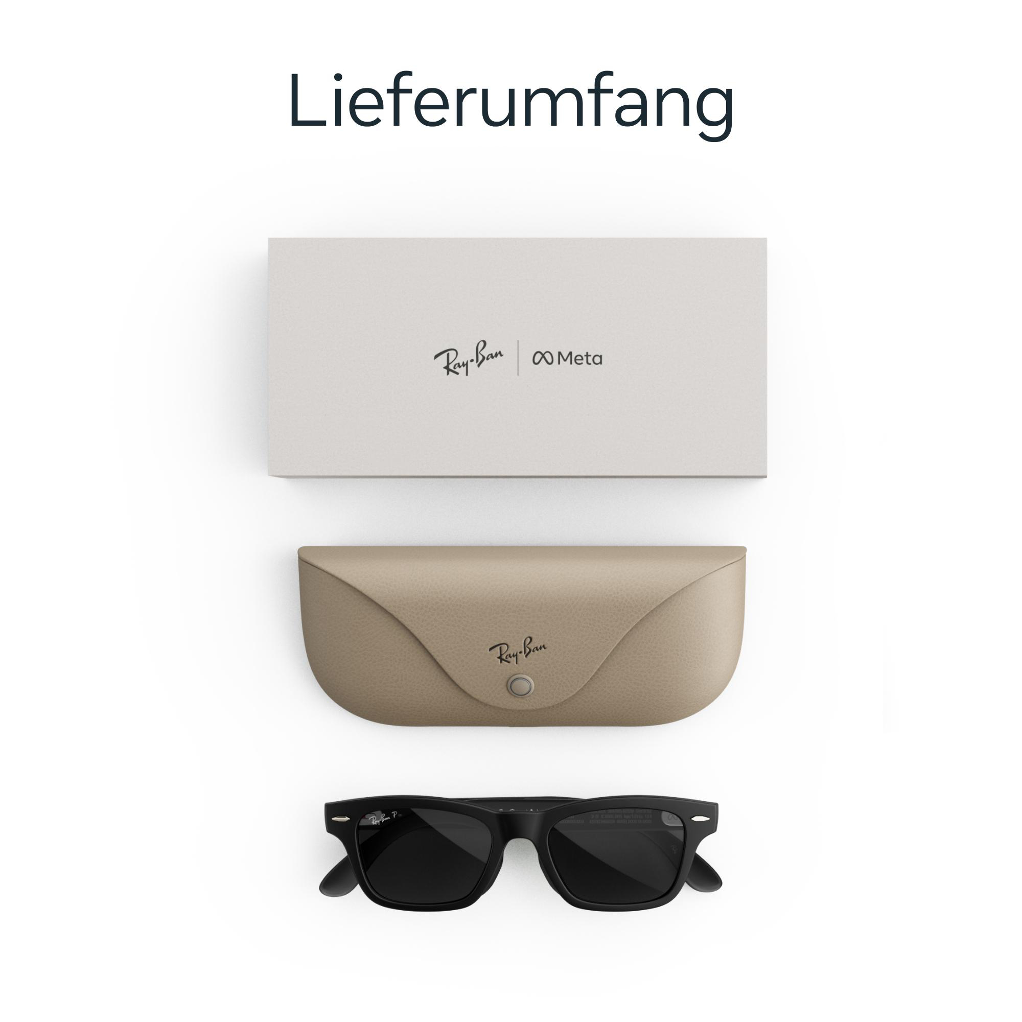 Lieferumfang: Ray-Ban Meta Brille, beiger Koffer und weiße Schachtel auf weißem Grund.