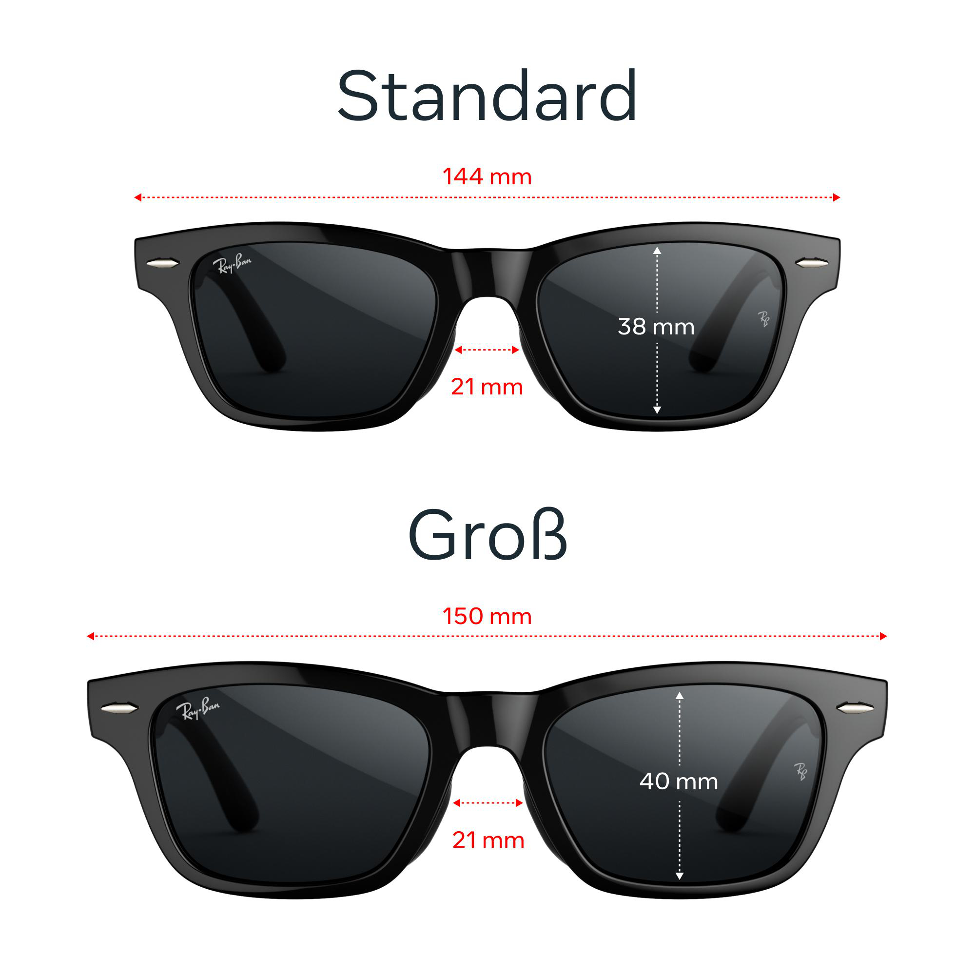 Diagramm von Ray-Ban Sonnenbrillen in Standard- und Großgröße mit Maßangaben in Millimetern.