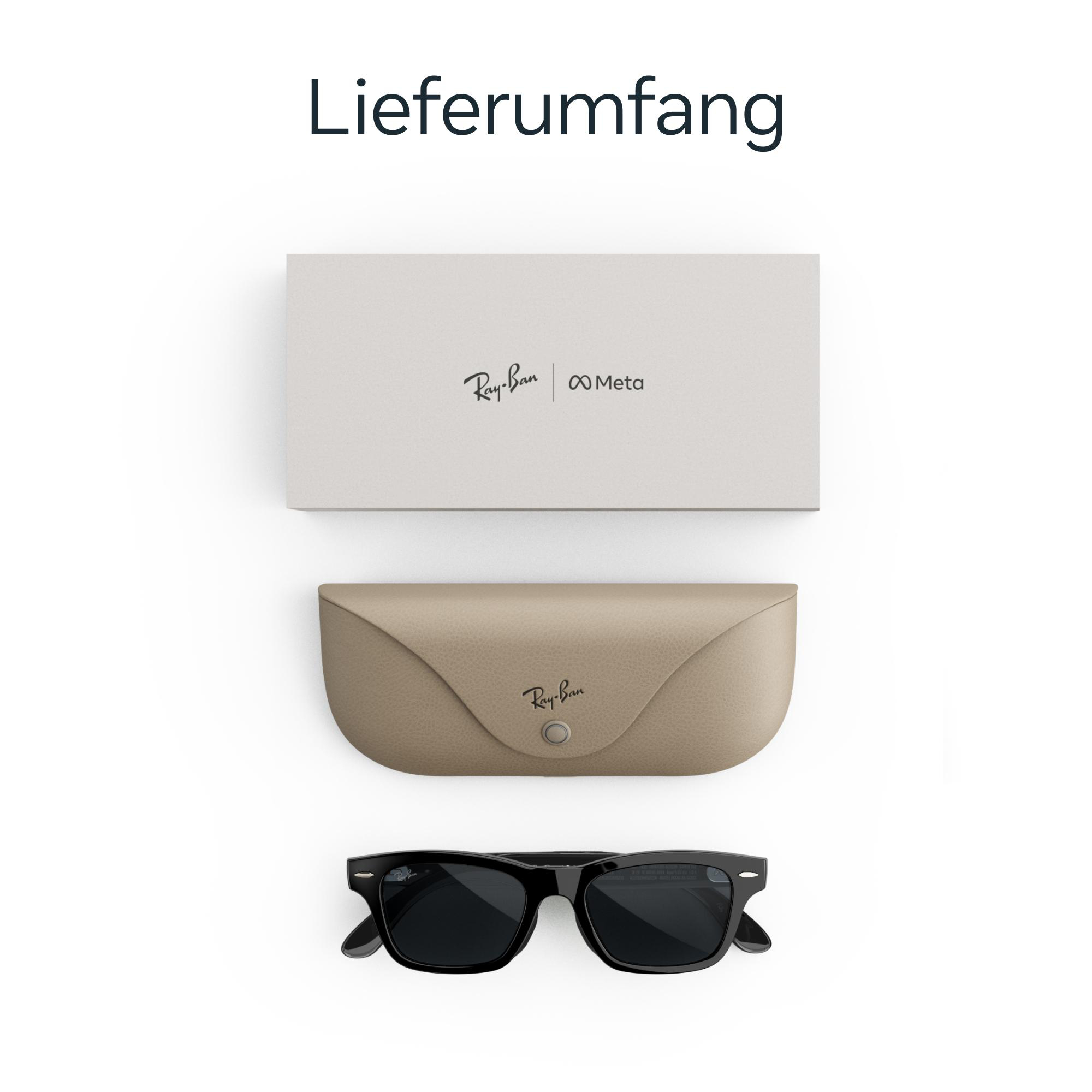 Lieferumfang: Ray-Ban Meta Brille mit grauer Box, beige Lederetui und schwarze Sonnenbrille.