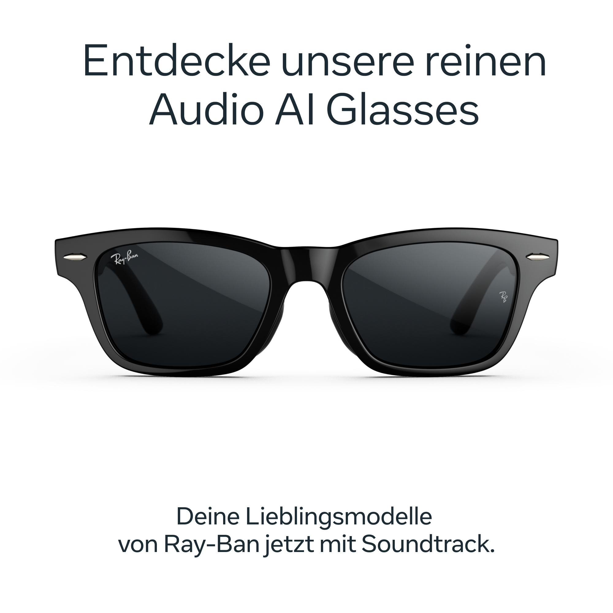 Schwarze Ray-Ban Audio AI Brille vor weißem Hintergrund mit Werbetext.