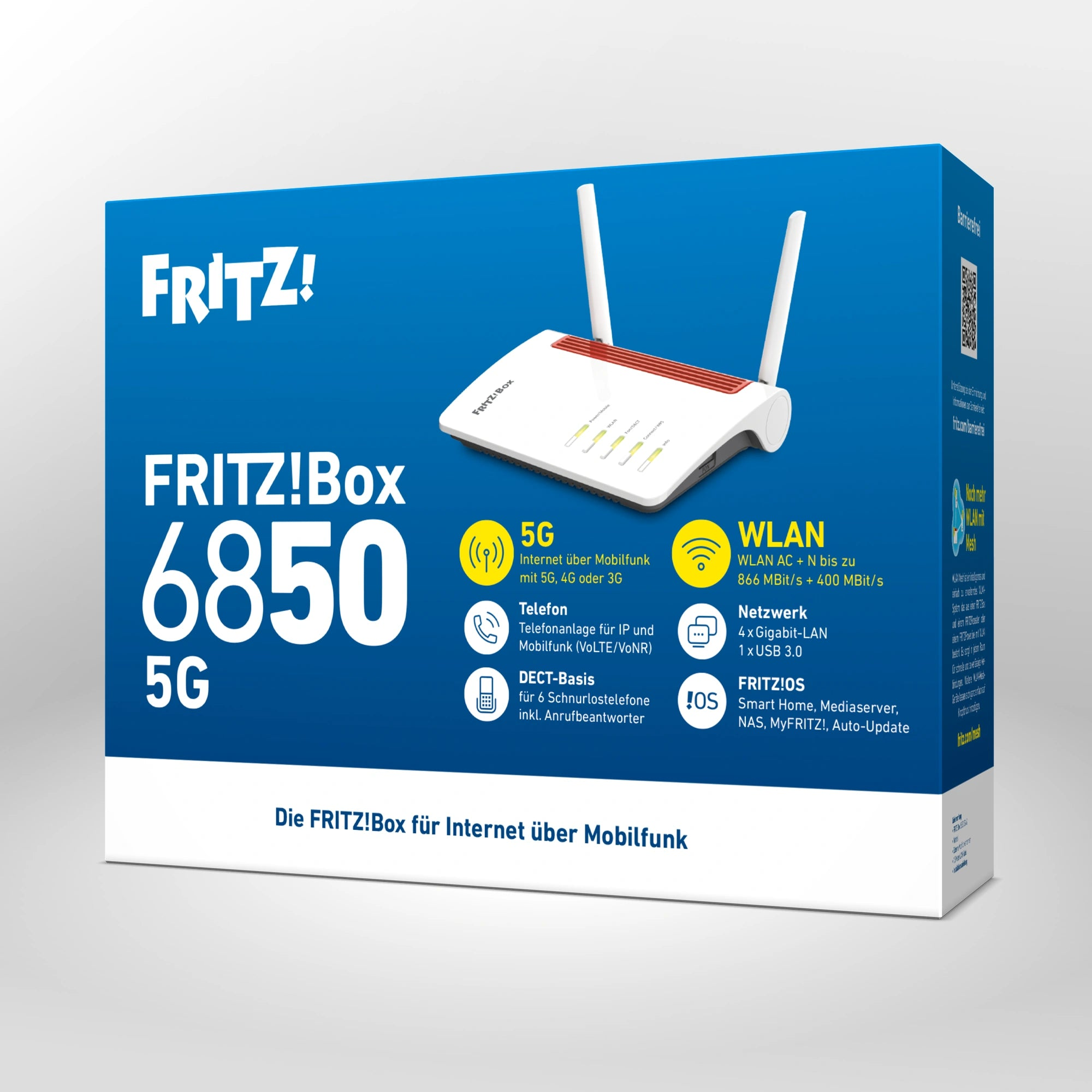Blaue Produktverpackung der FRITZ!Box 6850 5G mit weißem Router und Technikanhängern.