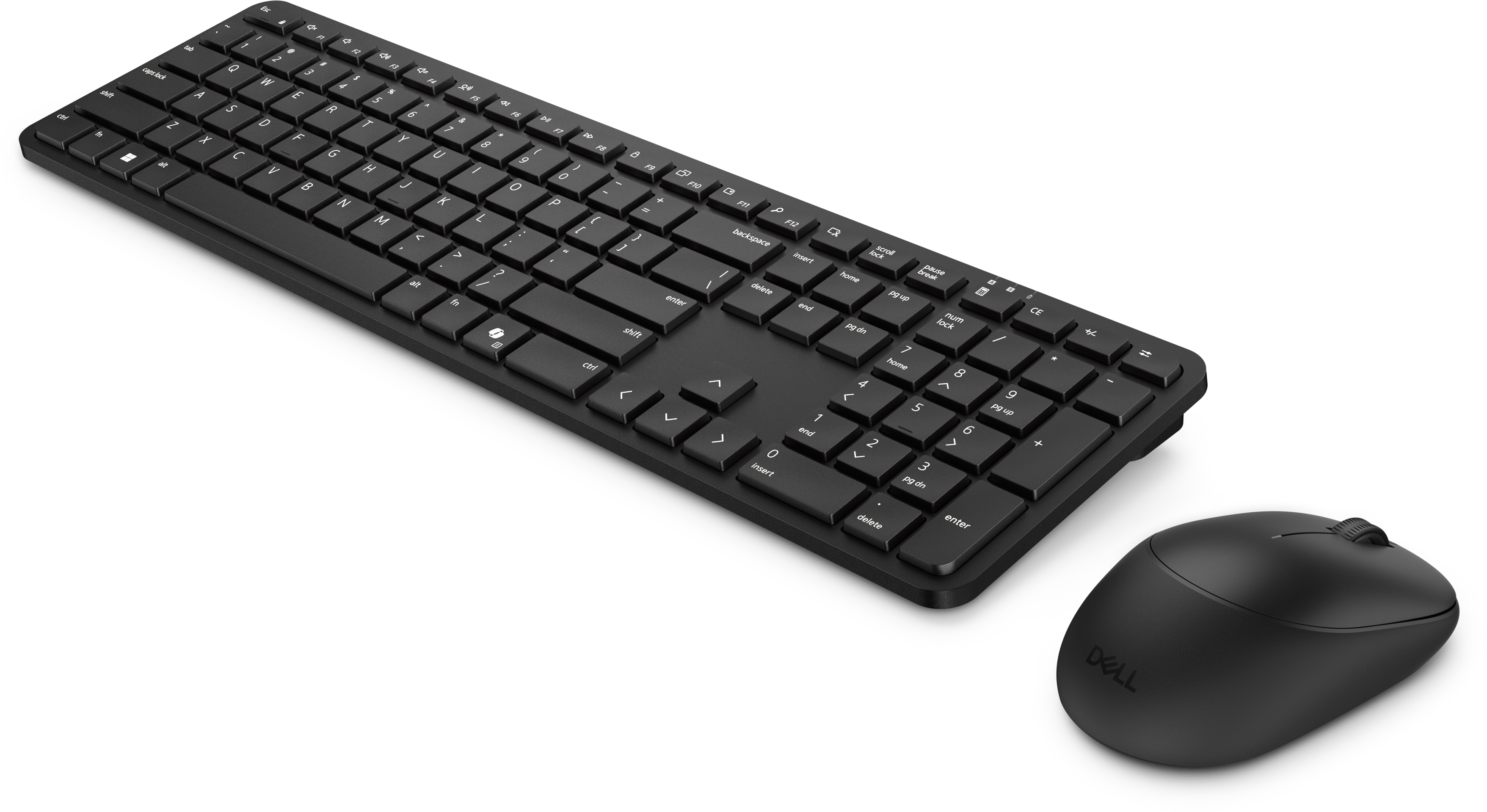 Eine schwarze kabellose Tastatur und eine passende Dell-Maus vor schwarzem Hintergrund.