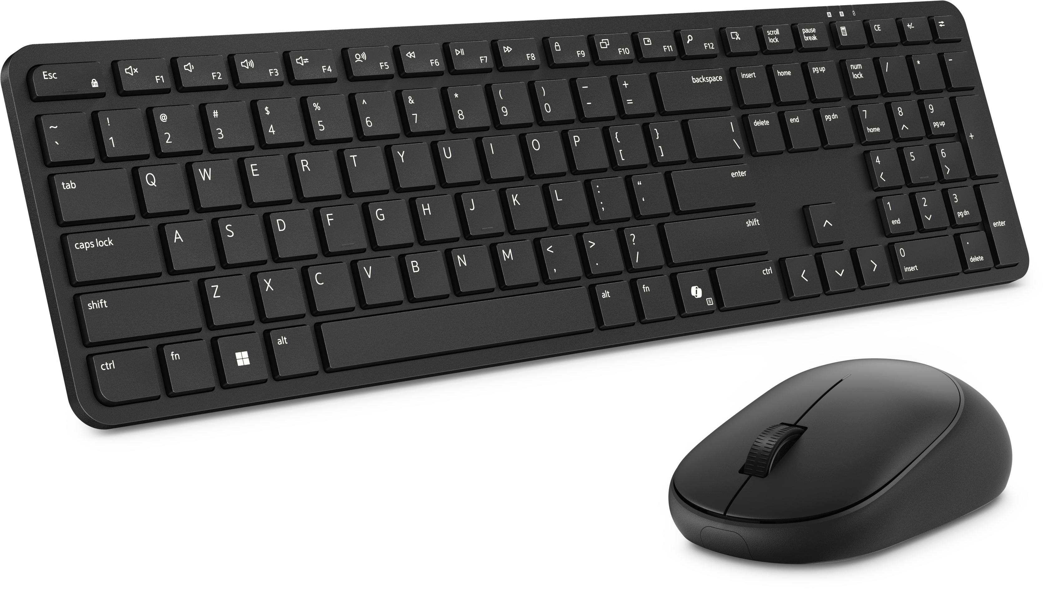 Eine schwarze kabellose Tastatur und eine passende Maus auf schwarzem Hintergrund.