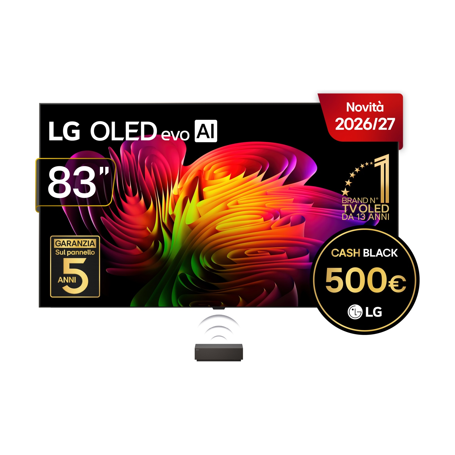 Televisore LG OLED evo AI da 83 pollici con onde colorate sullo schermo e badge promozionali.