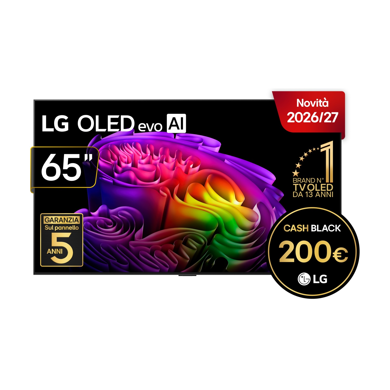 Televisore LG OLED evo AI da 65 pollici con onde colorate e offerta di rimborso.