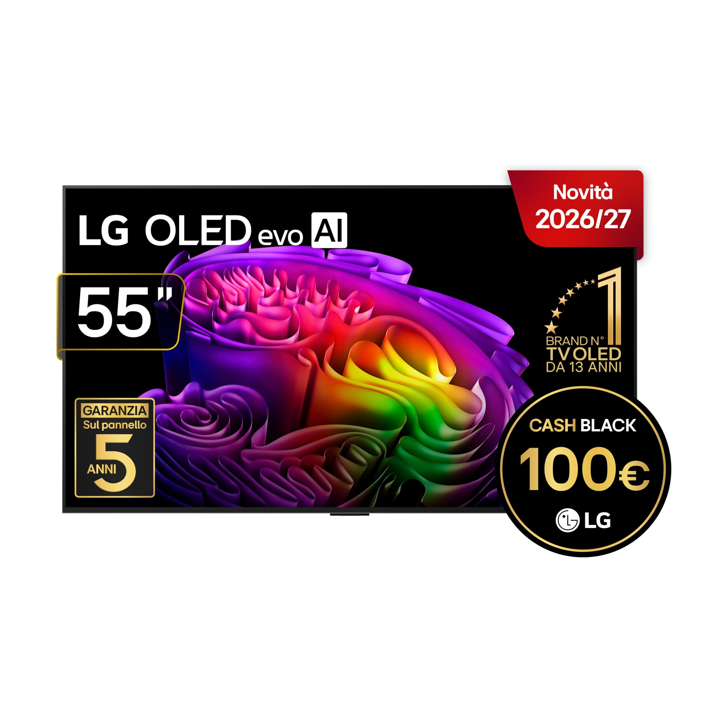 TV LG OLED evo AI da 55 pollici con testo promozionale, garanzia di 5 anni e rimborso di 100 euro.