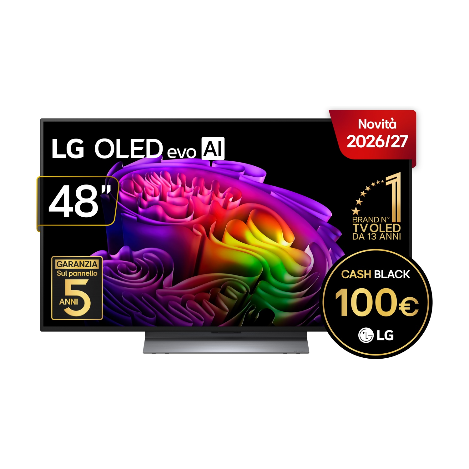 Televisore LG OLED evo AI da 48 pollici con grafica colorata e badge promozionali.