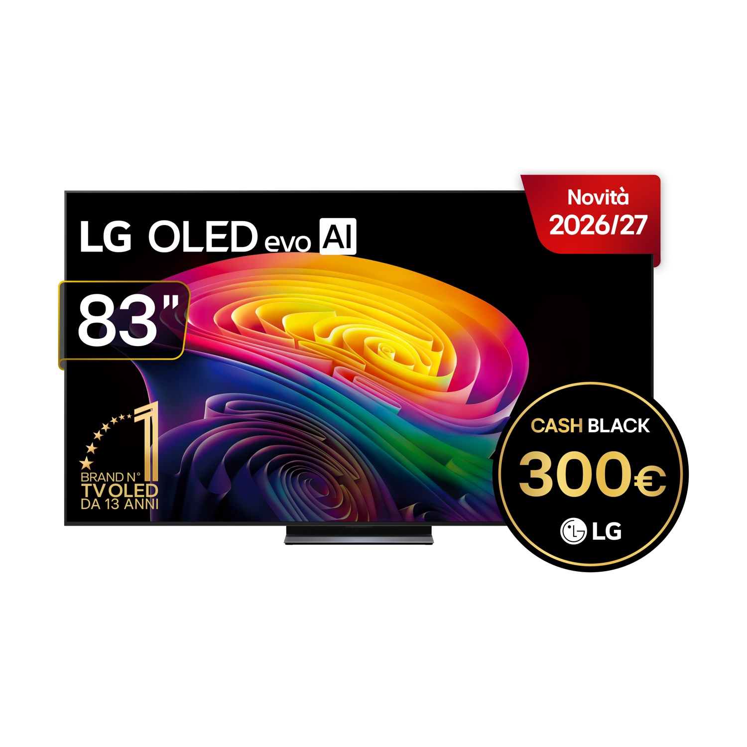Televisore LG OLED evo AI da 83 pollici con grafica a spirale colorata e badge promozionali.