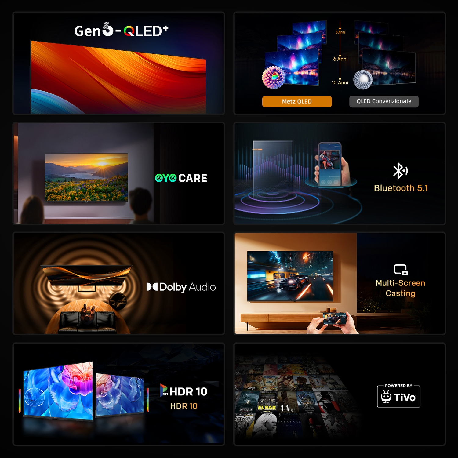 Un collage che mostra le funzioni di una TV QLED tra cui qualità dello schermo, Bluetooth e TiVo.