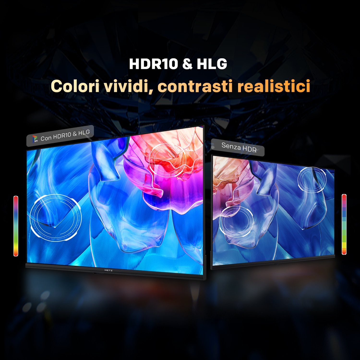 Confronto di schermi TV con tecnologia HDR10 e HLG che offrono colori vividi e contrasti realistici.