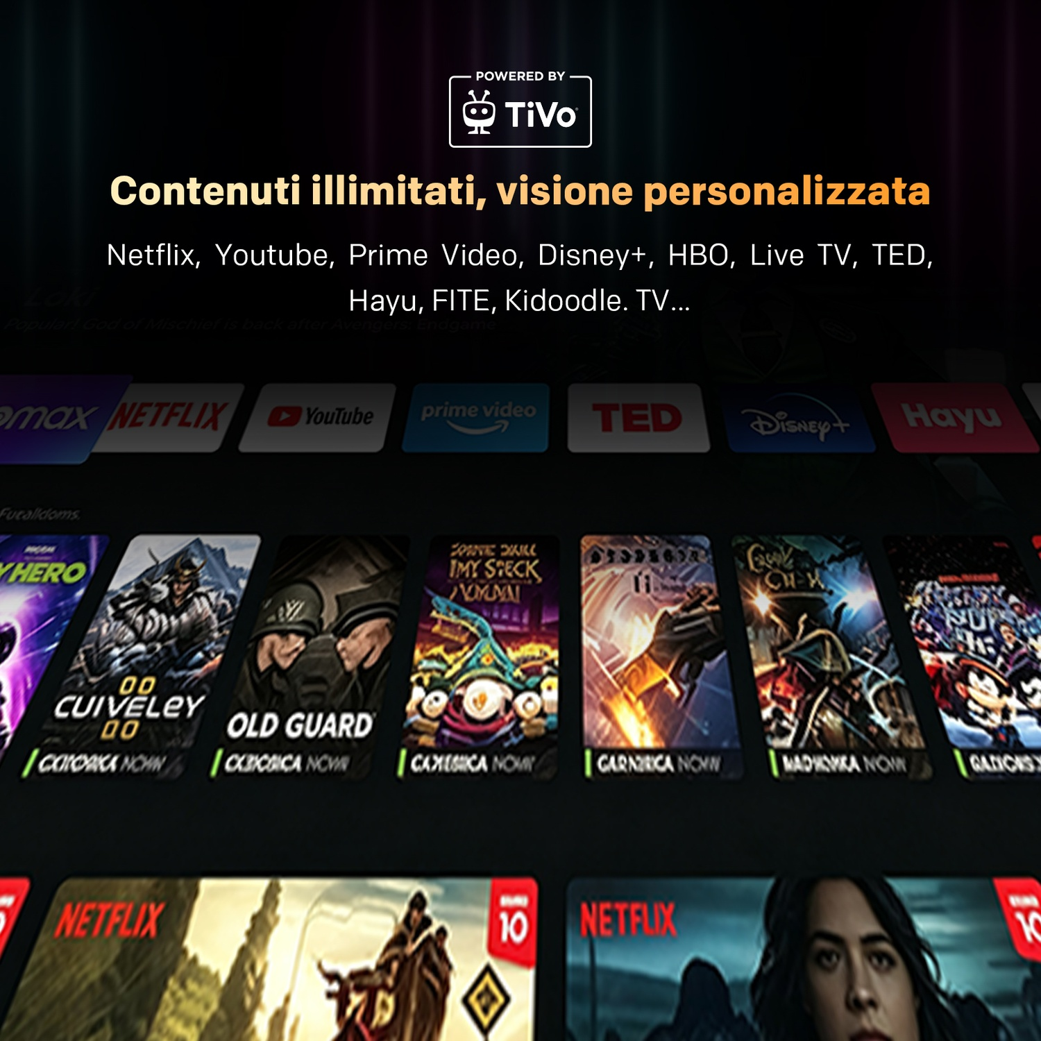 Un'interfaccia TV con marchio TiVo, loghi di app di streaming e file di poster di film e serie.