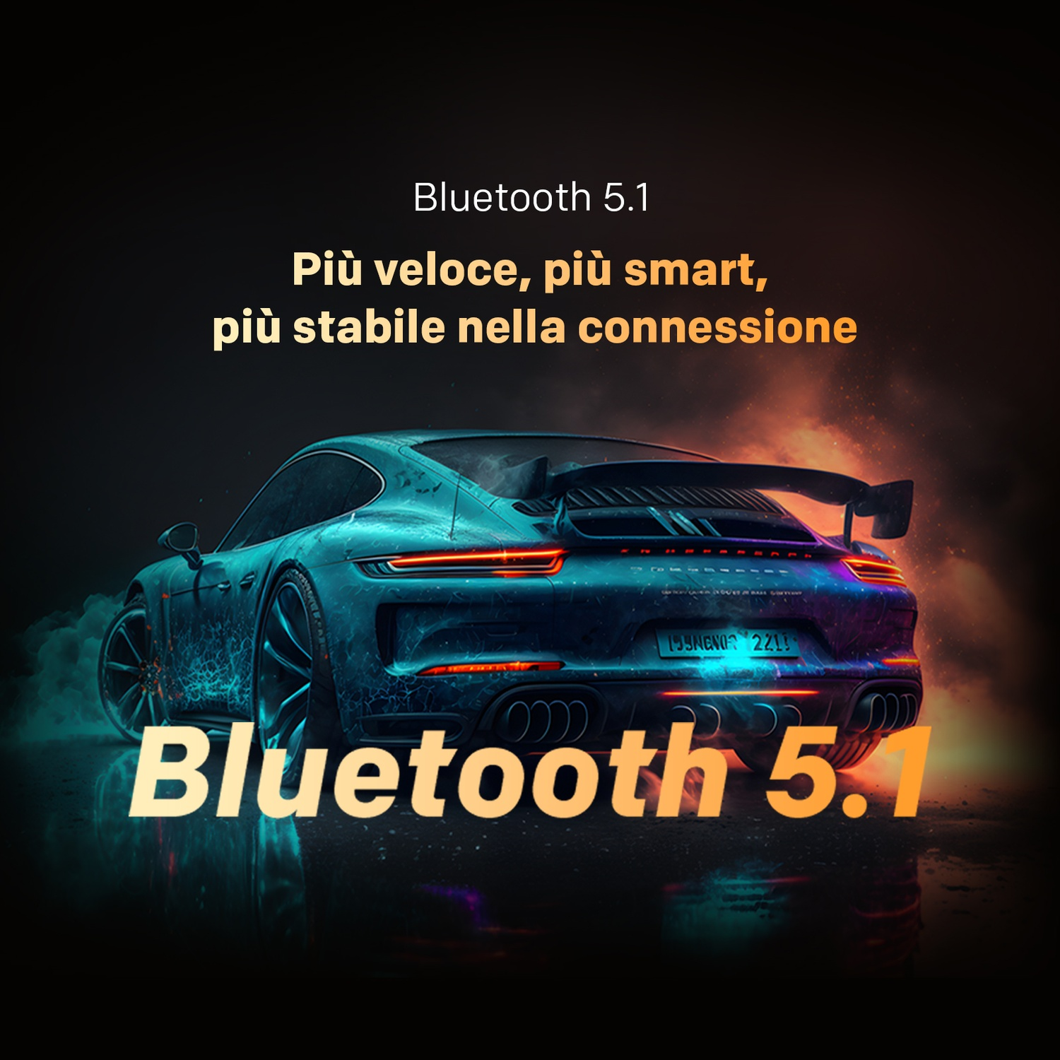 Un'auto sportiva blu vista da dietro, con effetti di fuoco e testo su Bluetooth 5.1.