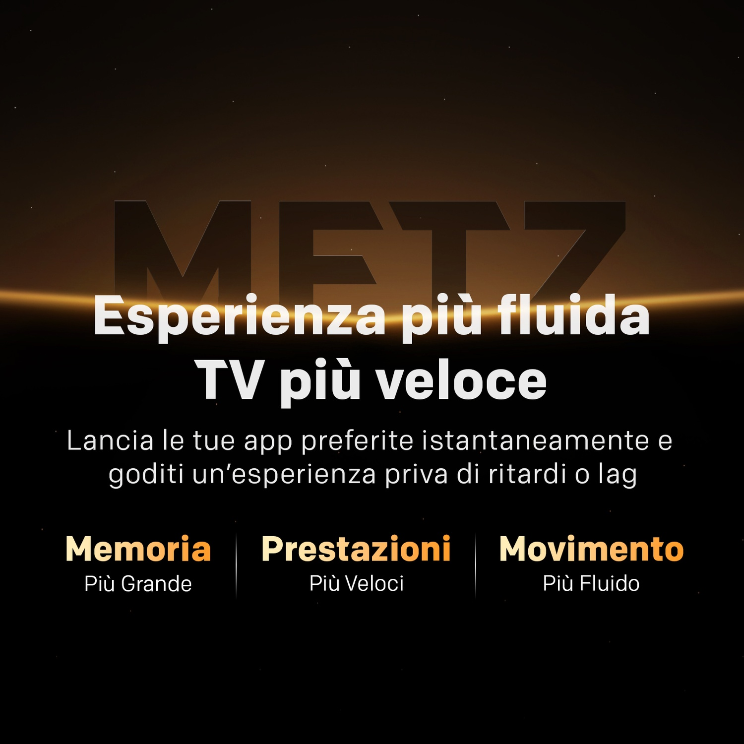 Grafica promozionale con Metz, esperienza più fluida e TV più veloce su sfondo nero.