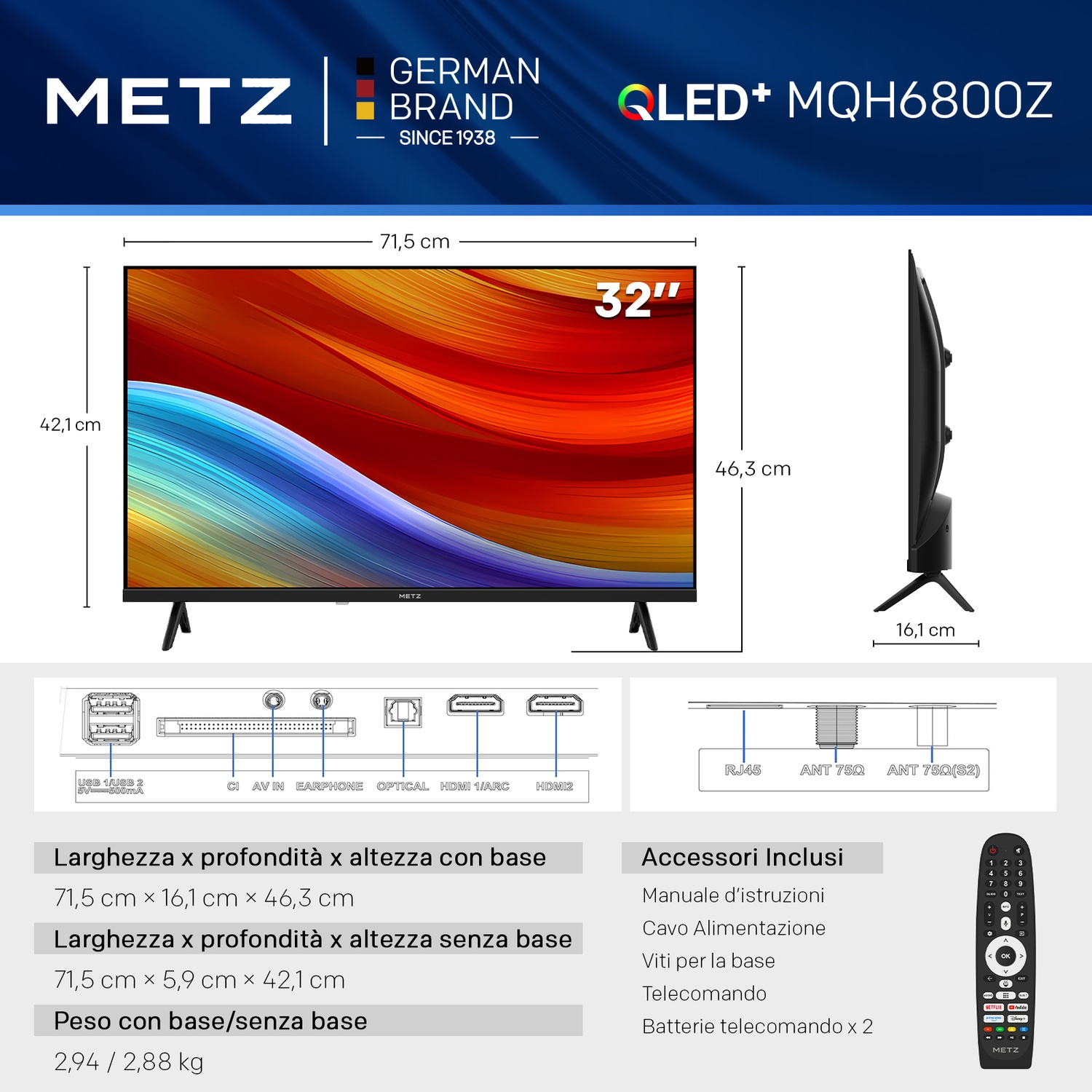 Infografica con dimensioni, porte, accessori e vista laterale della TV QLED Metz da 32 pollici su sfondo blu.