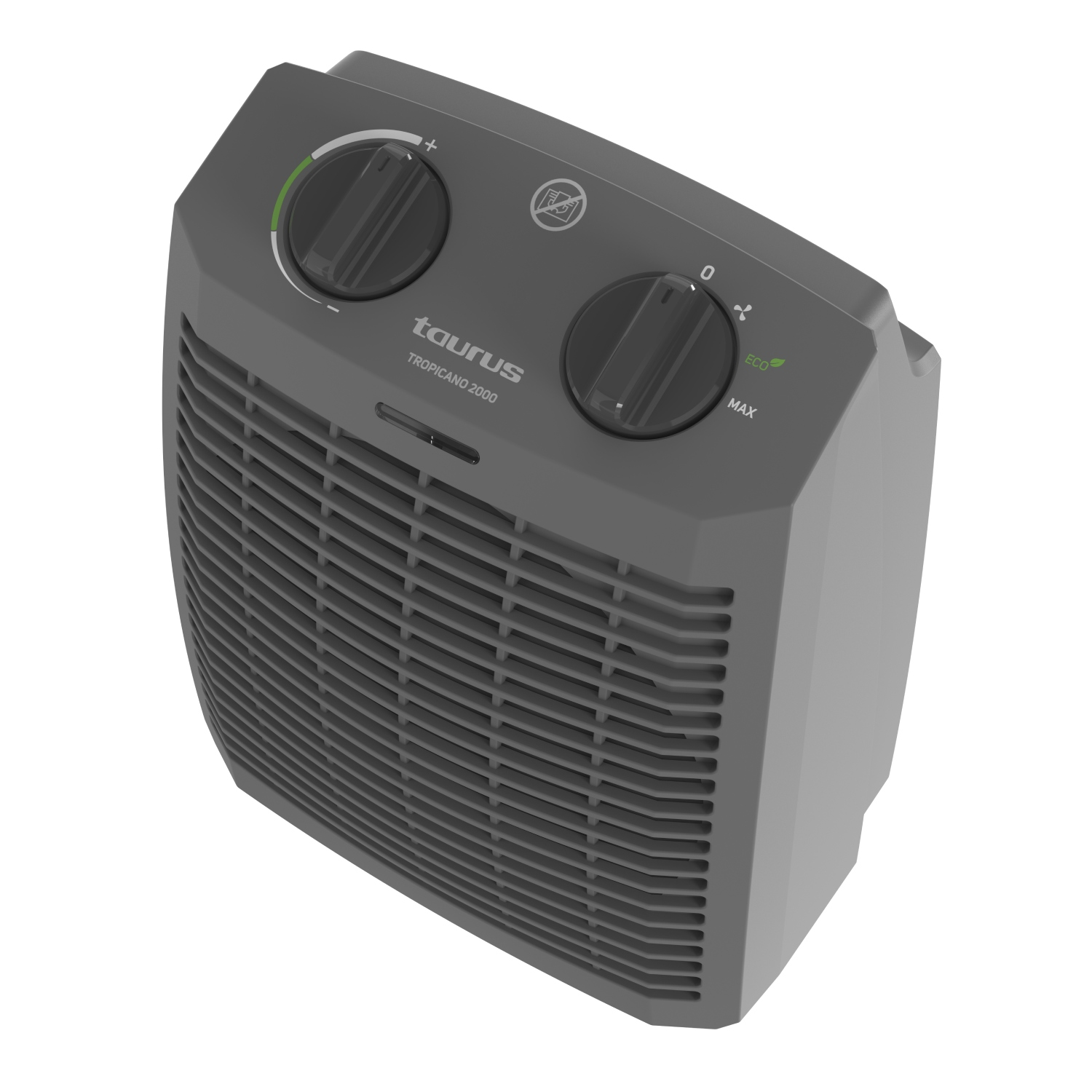 Calefactor gris Taurus Tropicano 2000 con dos mandos de control arriba y rejilla frontal.